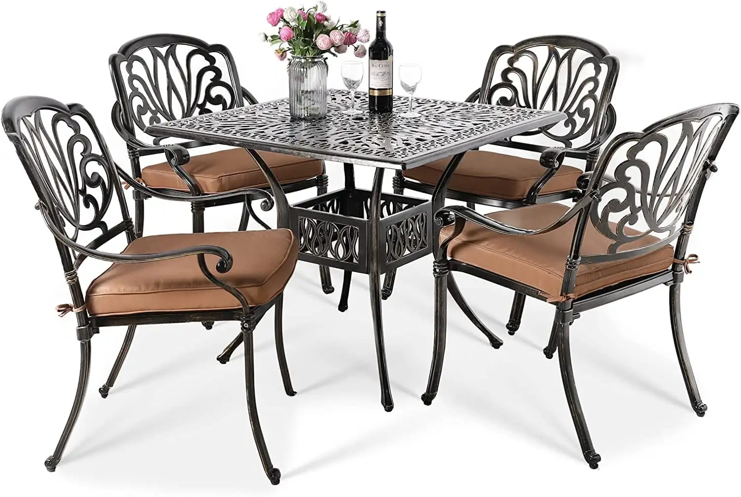 VIVIJASON 5-Piece Outdoor Patio Dining Set. All-Weather Cast Aluminum Conversation Set. Patio Furniture Set for Balcony Lawn Garden. Include 4 Cushioned Chairs. a 35.4 Square Table w/Umbrella Hole