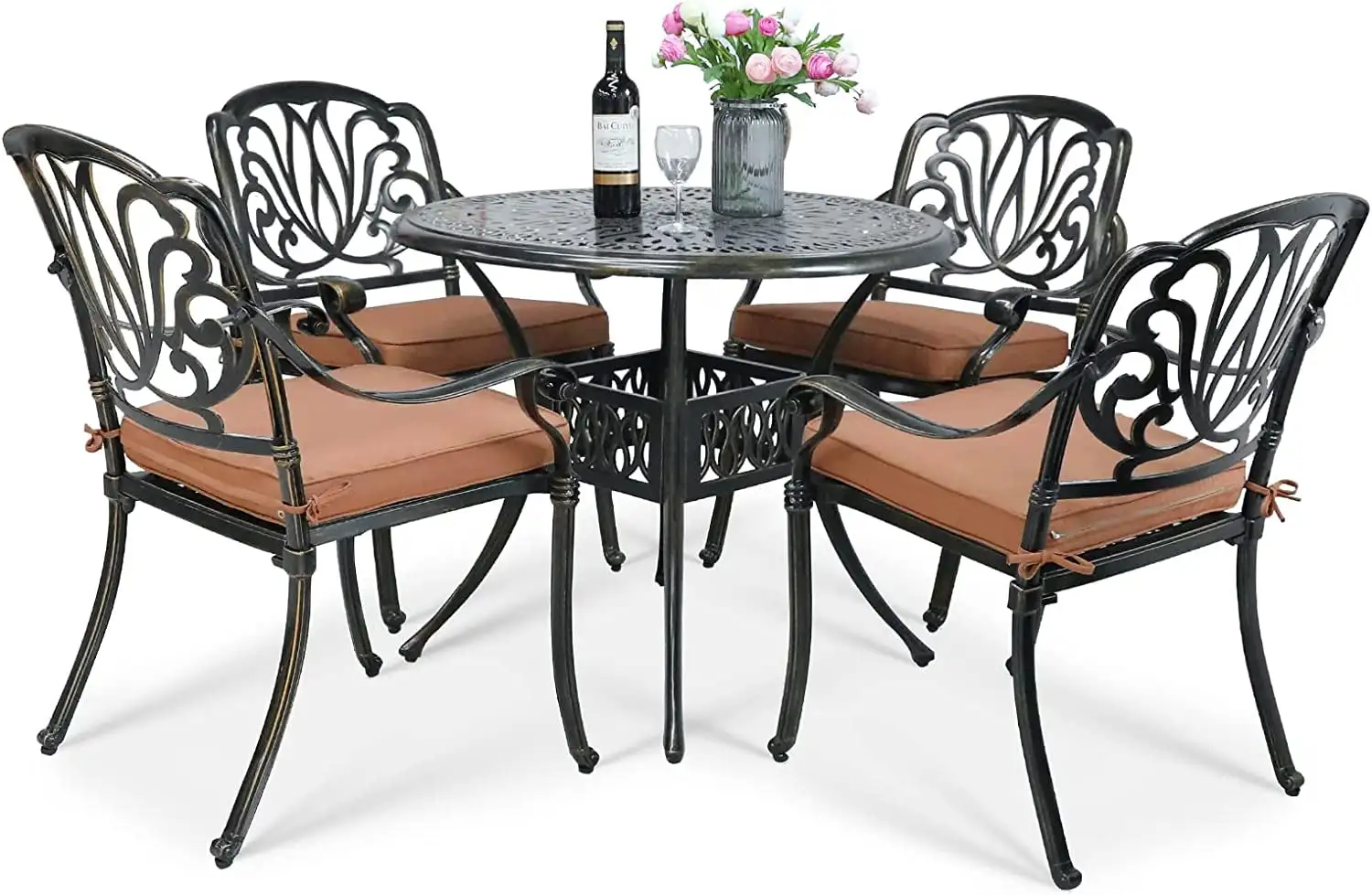 VIVIJASON 5-Piece Outdoor Patio Dining Set. All-Weather Cast Aluminum Conversation Set. Patio Furniture Set for Balcony Lawn Garden. Include 4 Cushioned Chairs. a 35.4 inch Round Table w/Umbrella Hole