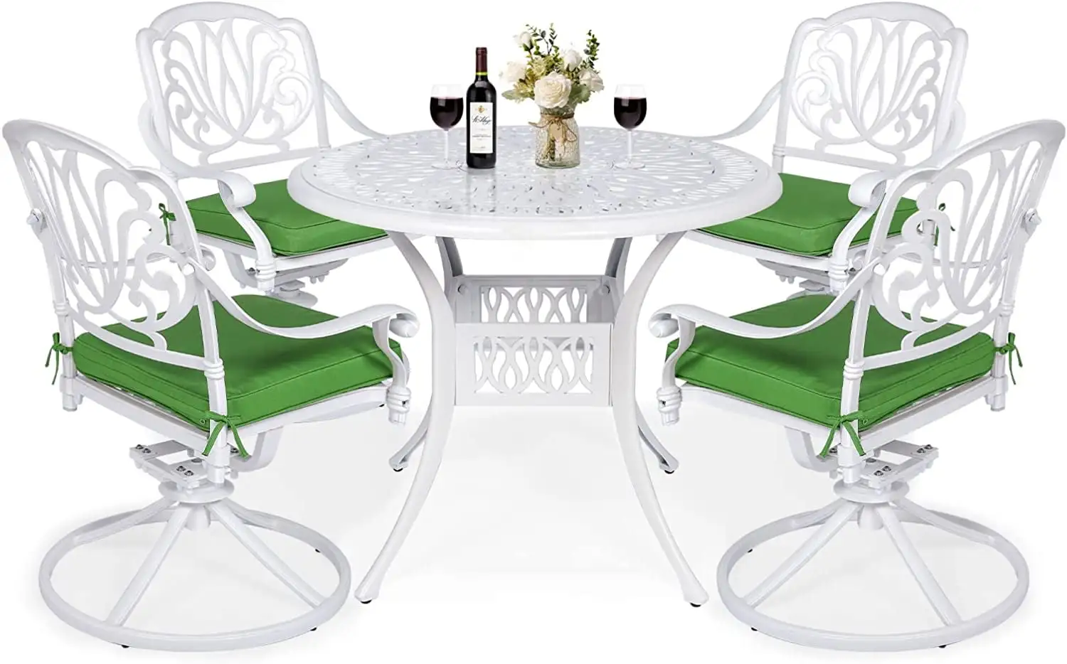 VIVIJASON 5-Piece Outdoor Patio Dining Set. All-Weather Cast Aluminum Conversation Set. Patio Furniture Set for Balcony Lawn Garden. Include 4 Swivel Chairs. 1 Round Table w/Umbrella Hole. White