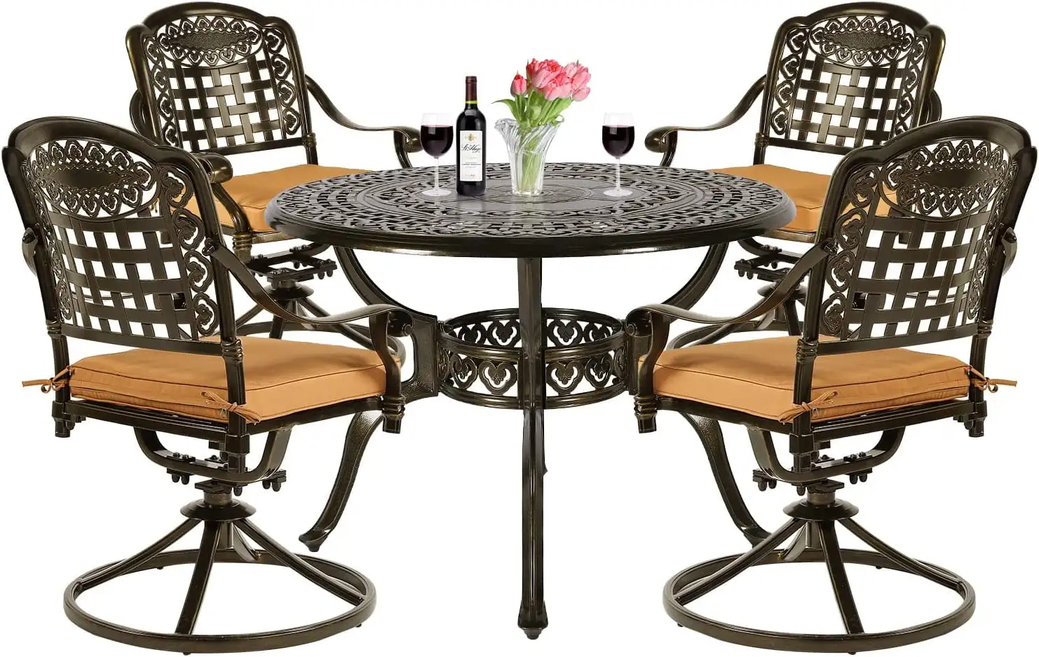 VIVIJASON 5-Piece Outdoor Patio Dining Set. All-Weather Cast Aluminum Conversation Set. Patio Furniture Set for Balcony Lawn Garden. Include 4 Swivel Chairs. a 38.5 Round Table w/Umbrella Hole