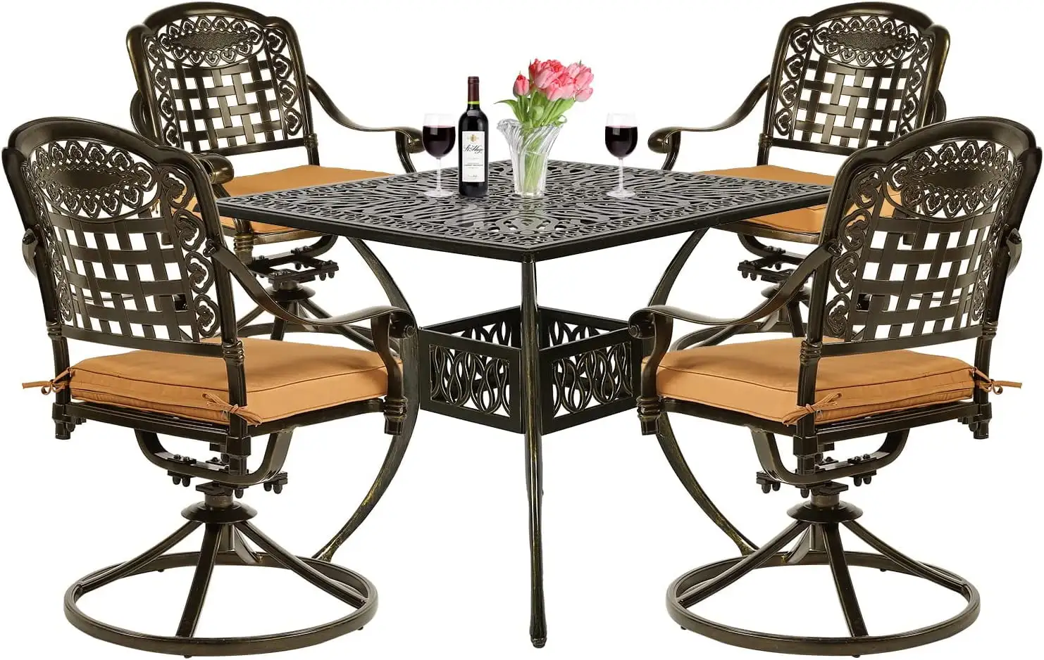 VIVIJASON 5-Piece Outdoor Patio Dining Set. All-Weather Cast Aluminum Conversation Set. Patio Furniture Set for Balcony Lawn Garden. Include 4 Swivel Cushioned Chairs. 1 Square Table w/Umbrella Hole