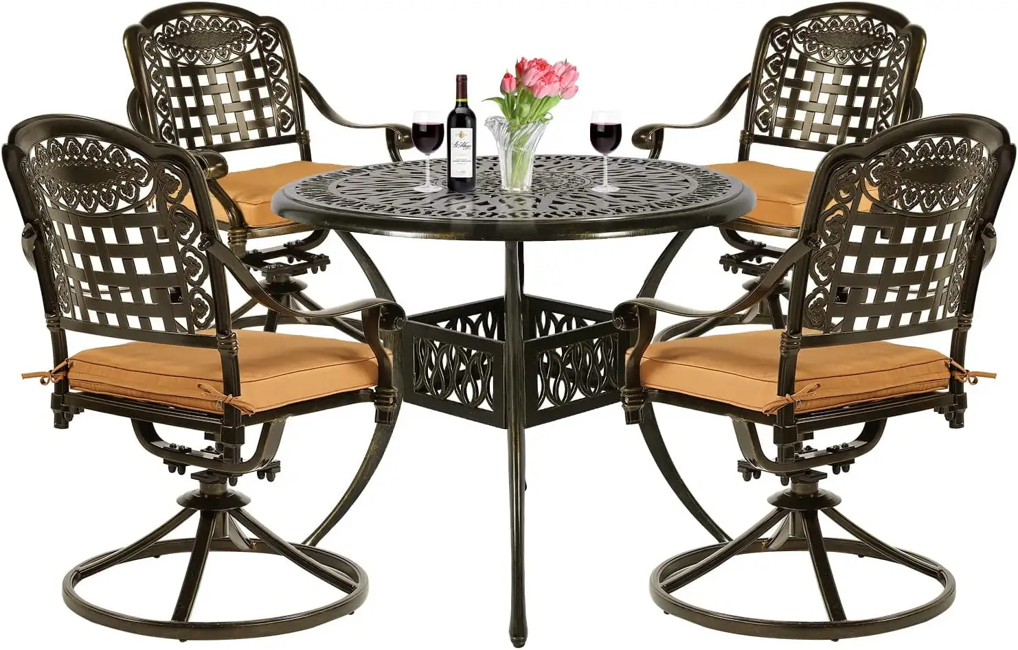 VIVIJASON 5-Piece Outdoor Patio Dining Set. All-Weather Cast Aluminum Conversation Set. Patio Furniture Set for Balcony Lawn Garden. Include 4 Swivel Cushioned Chairs. 1 Round Table w/Umbrella Hole