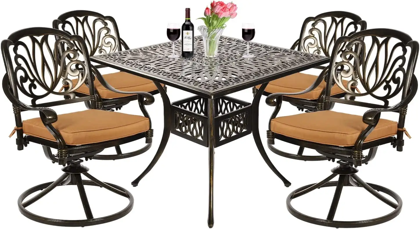 VIVIJASON 5-Piece Outdoor Patio Dining Set. All-Weather Cast Aluminum Conversation Set. Patio Furniture Set for Deck Lawn Garden. Include 4 Swivel Dining Chairs. a 35.4 Square Table w/Umbrella Hole