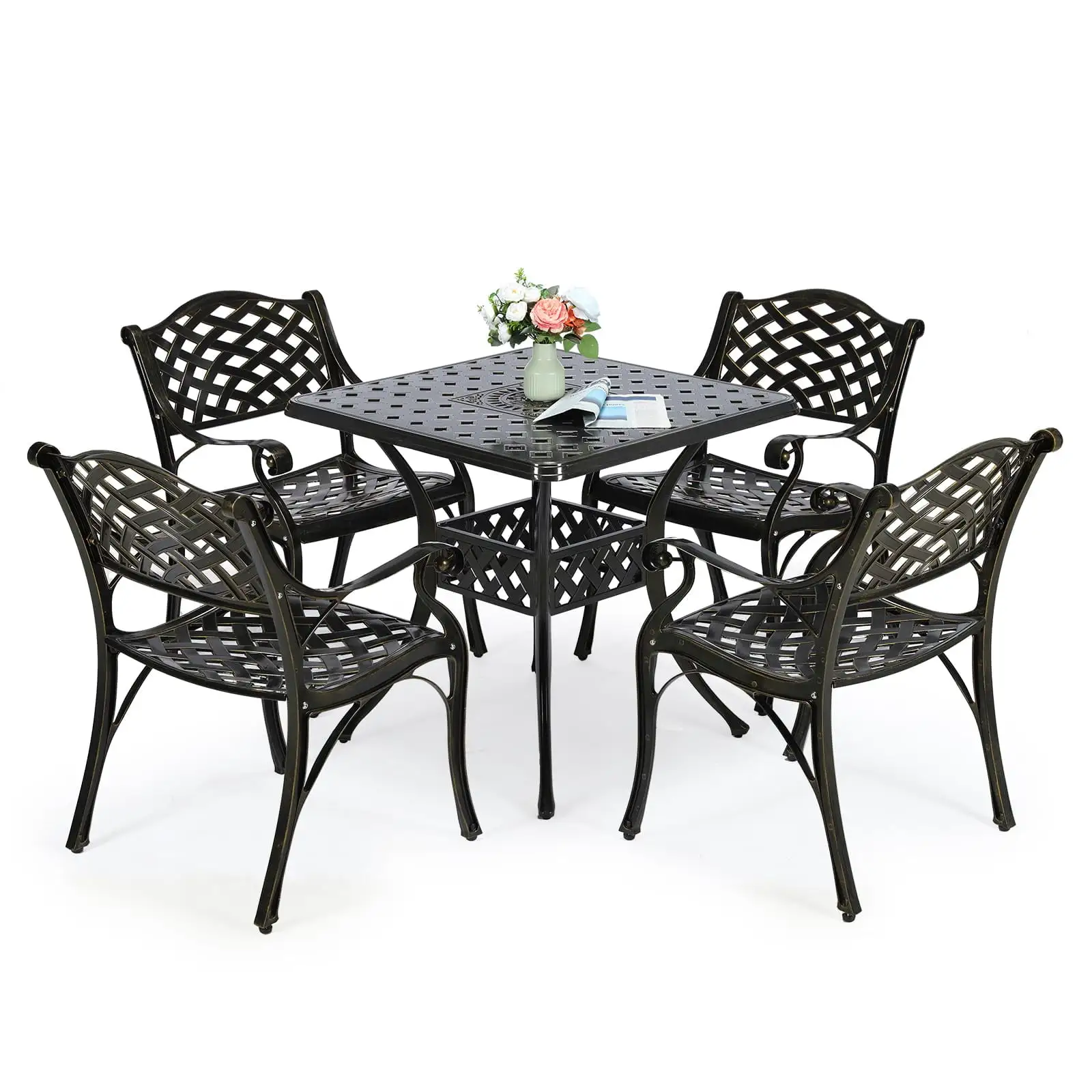 VIVIJASON 5-Piece Patio Dining Set. All-Weather Outdoor Cast Aluminum Conversation Set. Include 4 Chairs. a 30.5 Square Table W/Umbrella Hole Patio Dining Furniture Set for Balcony Garden Backyard