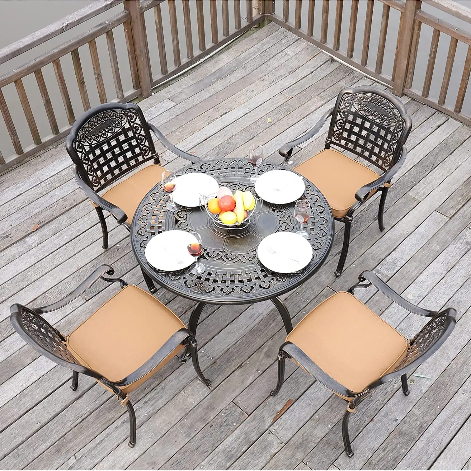 VIVIJASON 5-Piece Patio Furniture Dining Set. All-Weather Cast Aluminum Outdoor Conversation Set. Include 4 Cushioned Chairs and 1 Round Table w/Umbrella Hole for Balcony. Lawn. Garden. Backyard