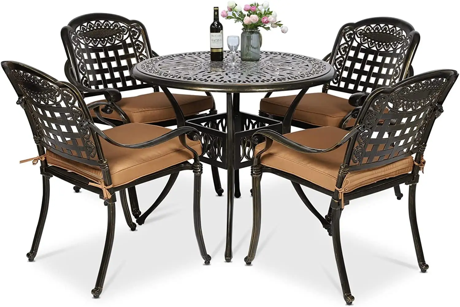 VIVIJASON 5-Piece Patio Furniture Dining Set. All-Weather Cast Aluminum Outdoor Conversation Set. Include 4 Cushioned Chairs and a 35.4 Round Table w/Umbrella Hole for Balcony. Lawn. Garden. Backyard