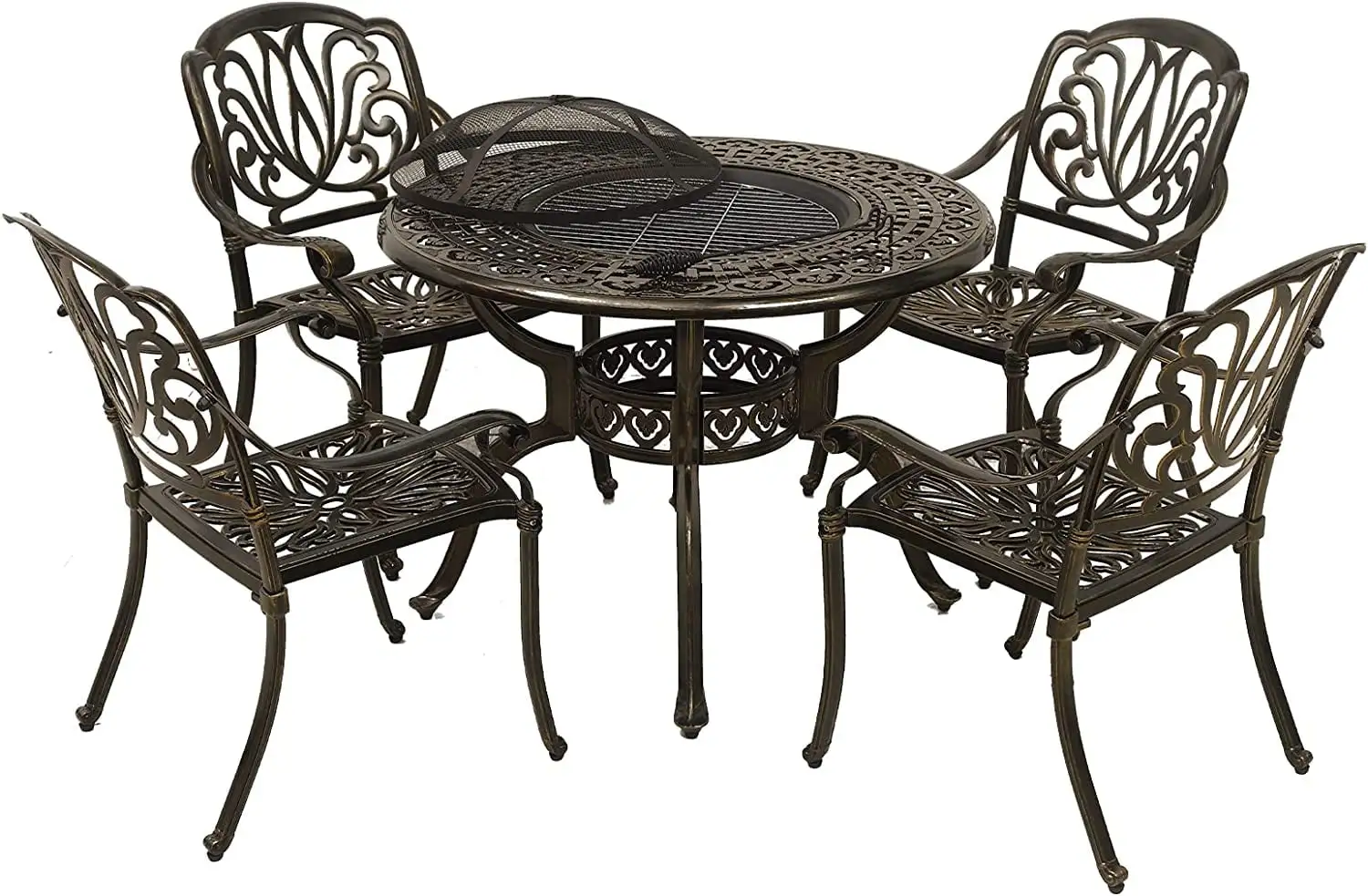 VIVIJASON 5-Piece Patio Furniture Fire Pit Set. All-Weather Cast Aluminum Outdoor Conversation BBQ Set. Include 4 Chairs and 1 Barbecue Grill Table for Balcony. Lawn. Garden. Backyard