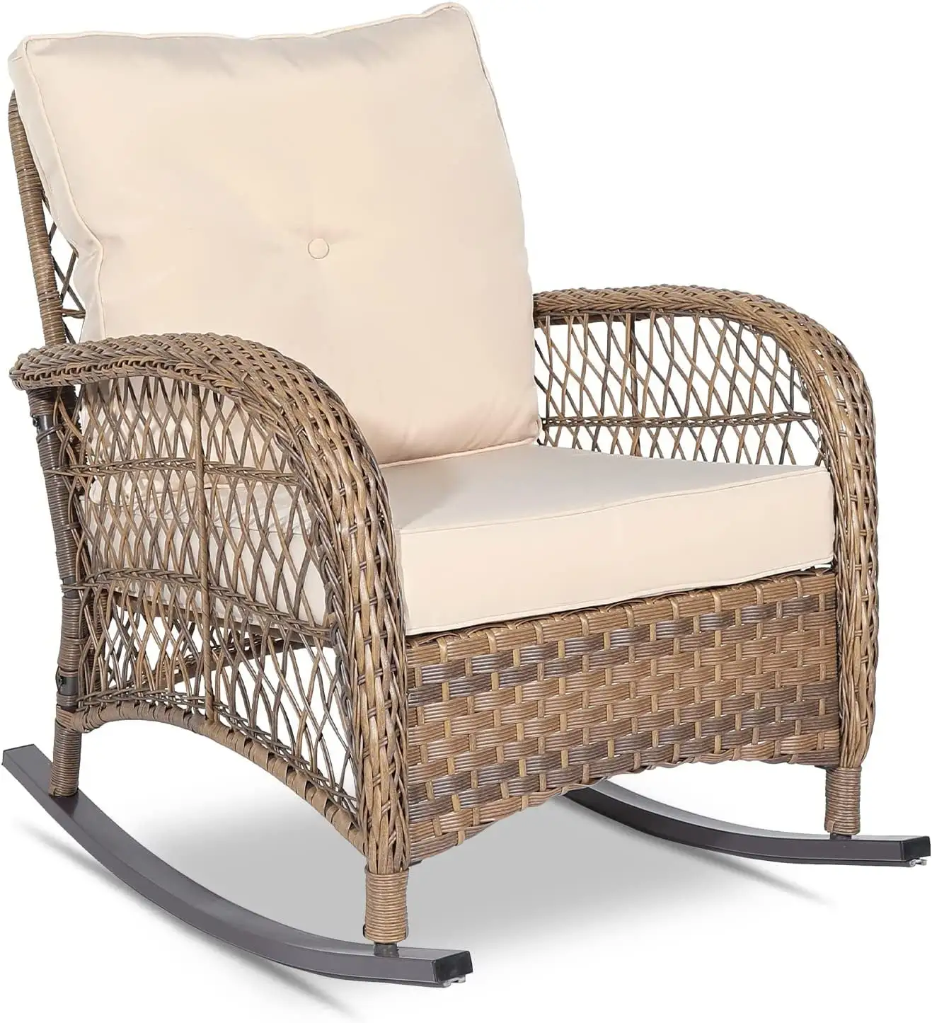 VIVIJASON Outdoor Wicker Rocking Chair. Patio Rattan Rocker Chair with Cushions & Steel Frame. All-Weather Rocking Lawn Wicker Furniture for Garden Backyard Porch (Beige)