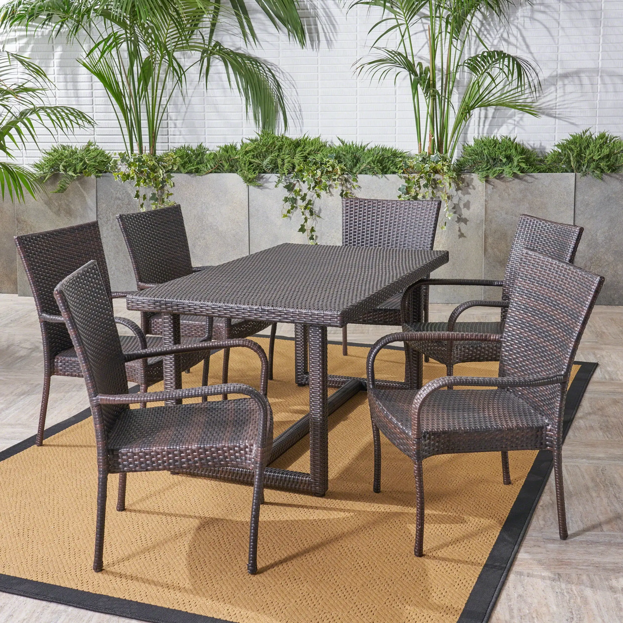 Noble House Melville 7 Piece Wicker Patio Dining Set in Brown