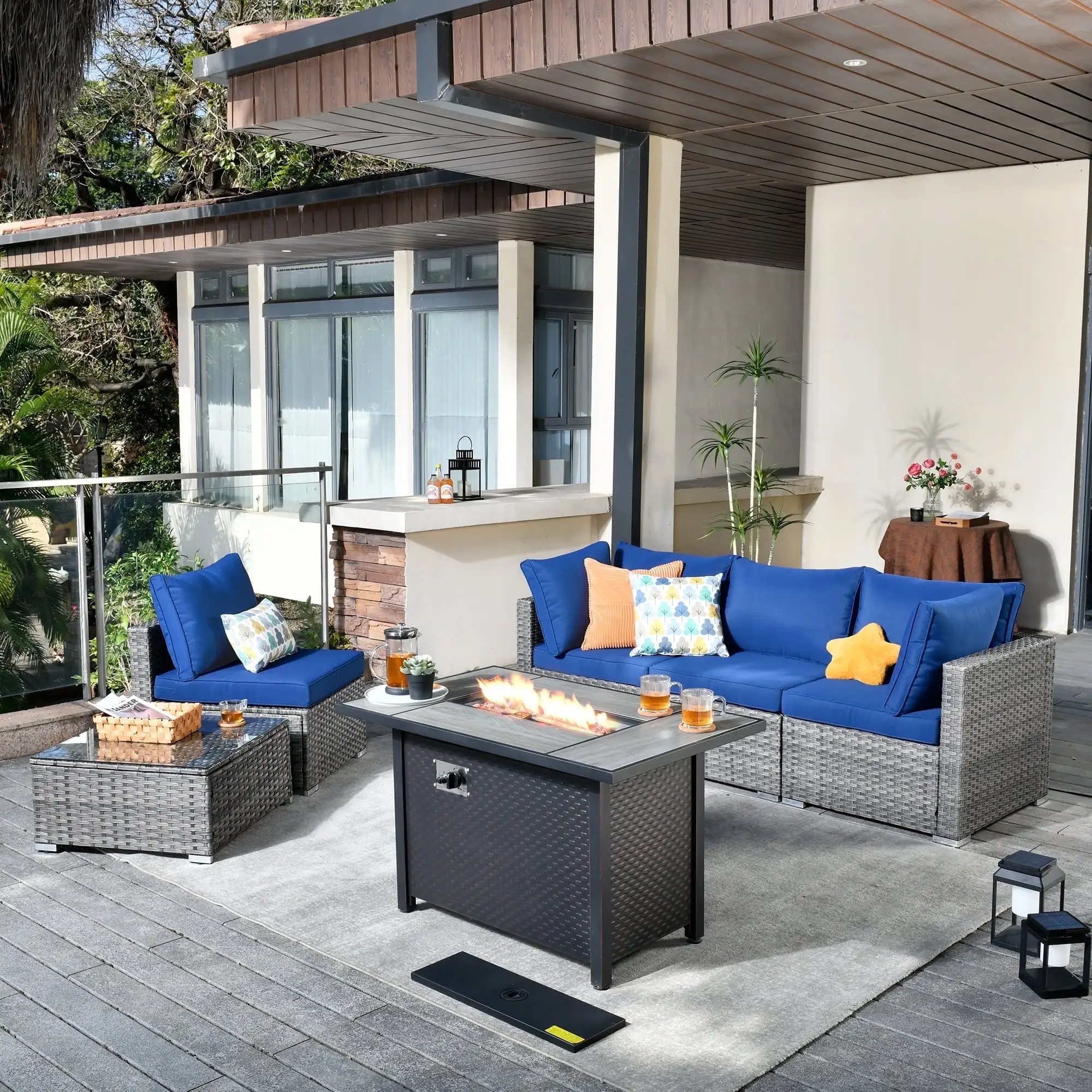 Vcatnet 6 Pieces Outdoor Patio Furniture Sectional Sofa All-weather Conversation Set with Fire Pit Table and Coffee Table for Garden.Poolside.Navy blue