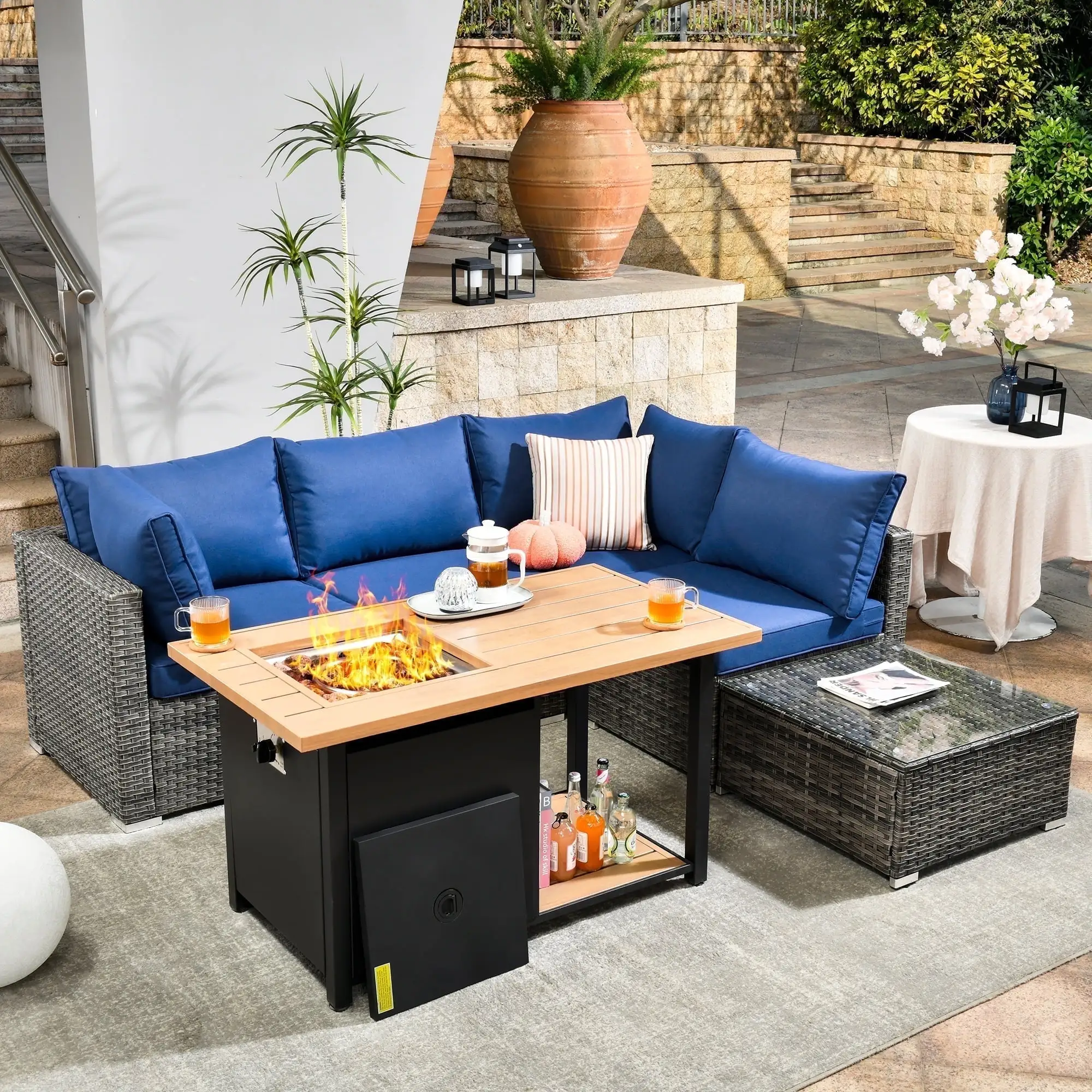 Vcatnet 6 Pieces Outdoor Patio Furniture Sectional Sofa All-weather Conversation Set with Fire Pit Table and Coffee Table for Garden.Poolside.Navy blue