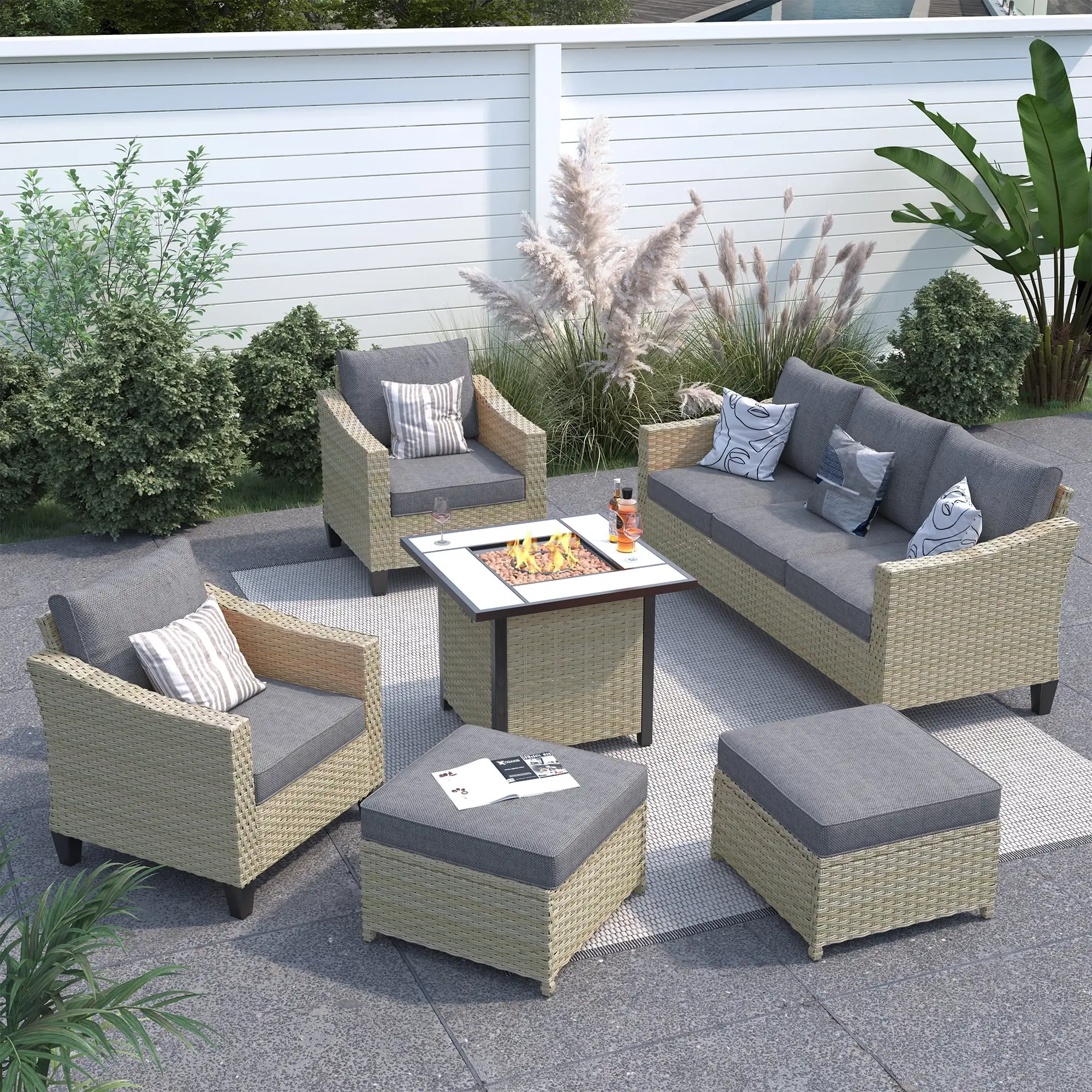 Vcatnet 6 Pieces Outdoor Patio Furniture Sectional Sofa Conversation Set with Fire Pit Table for Garden.Poolside.Dark gray