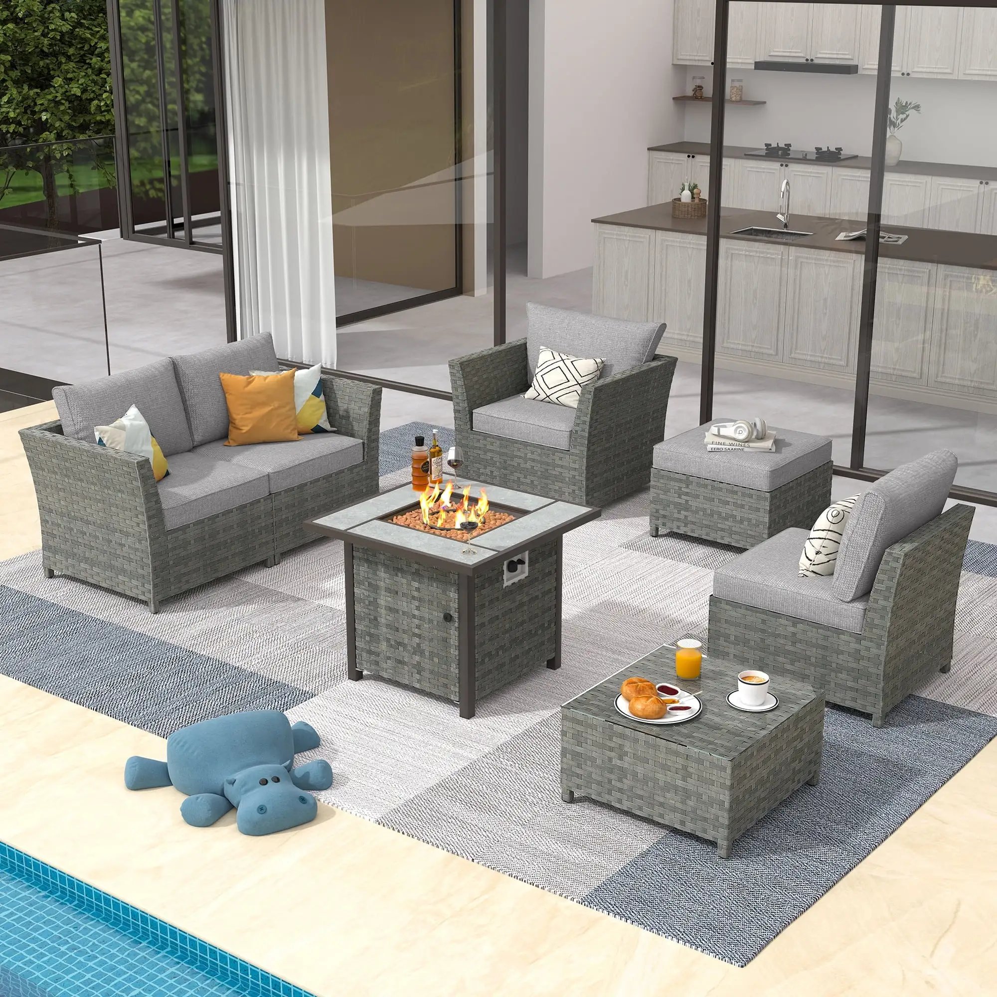 Vcatnet Direct 7 Pieces Outdoor Patio Furniture Sectional Sofa All-weather Conversation Set with Fire Pit Table and Coffee Table for Garden.Poolside.Dark gray