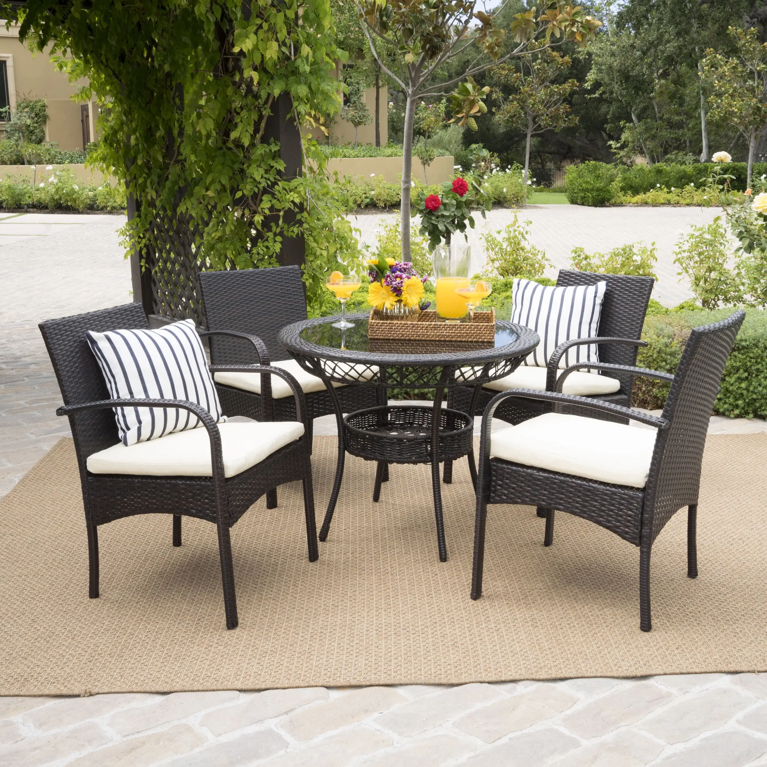 Venetian 5-Piece Outdoor Round Glass Top Wicker Dining Set with Cushions. Multi-brown