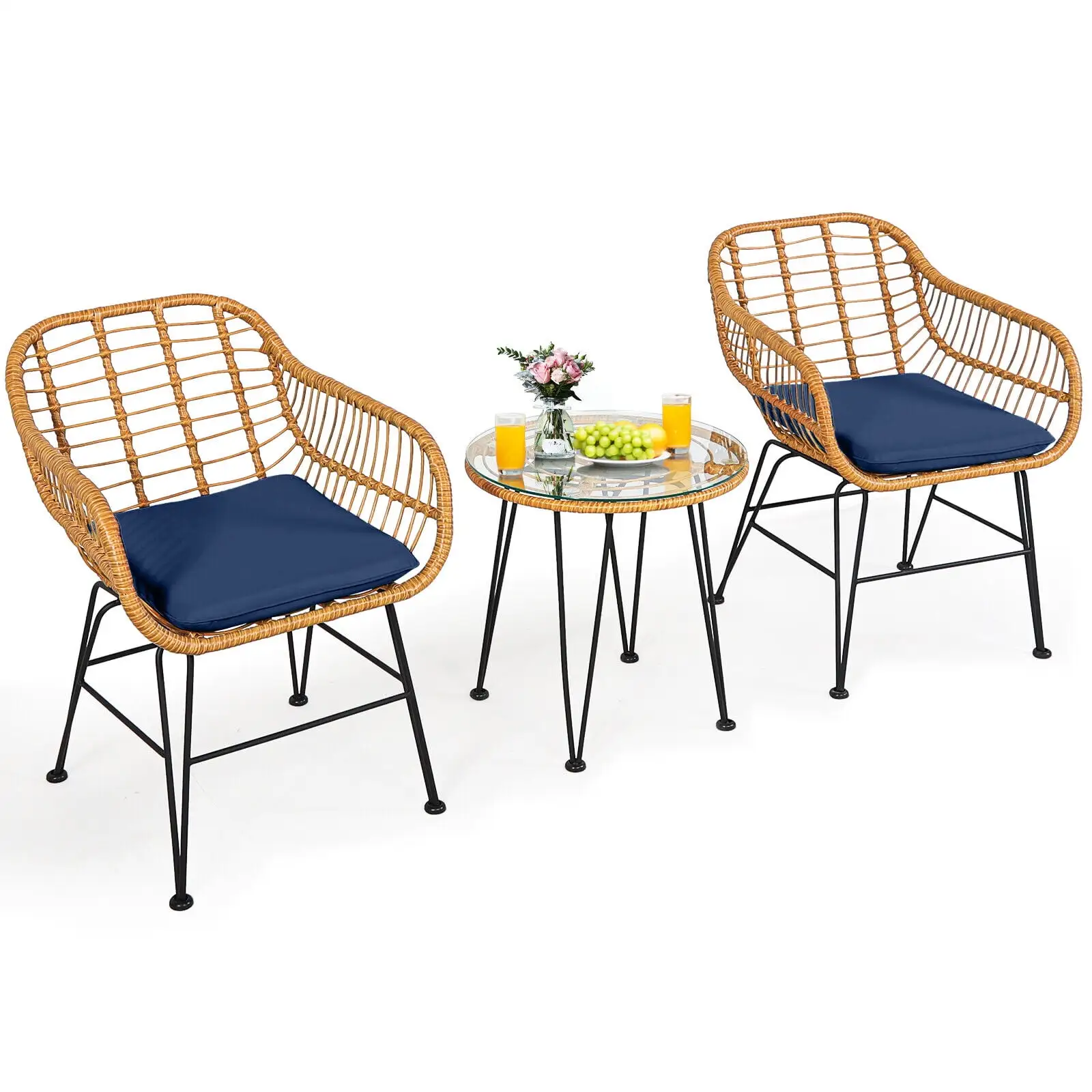 Vicamelia 3PCS Patio Rattan Bistro Set. Coffee Table with Armchair for Garden Patio Poolside. Navy Cushion