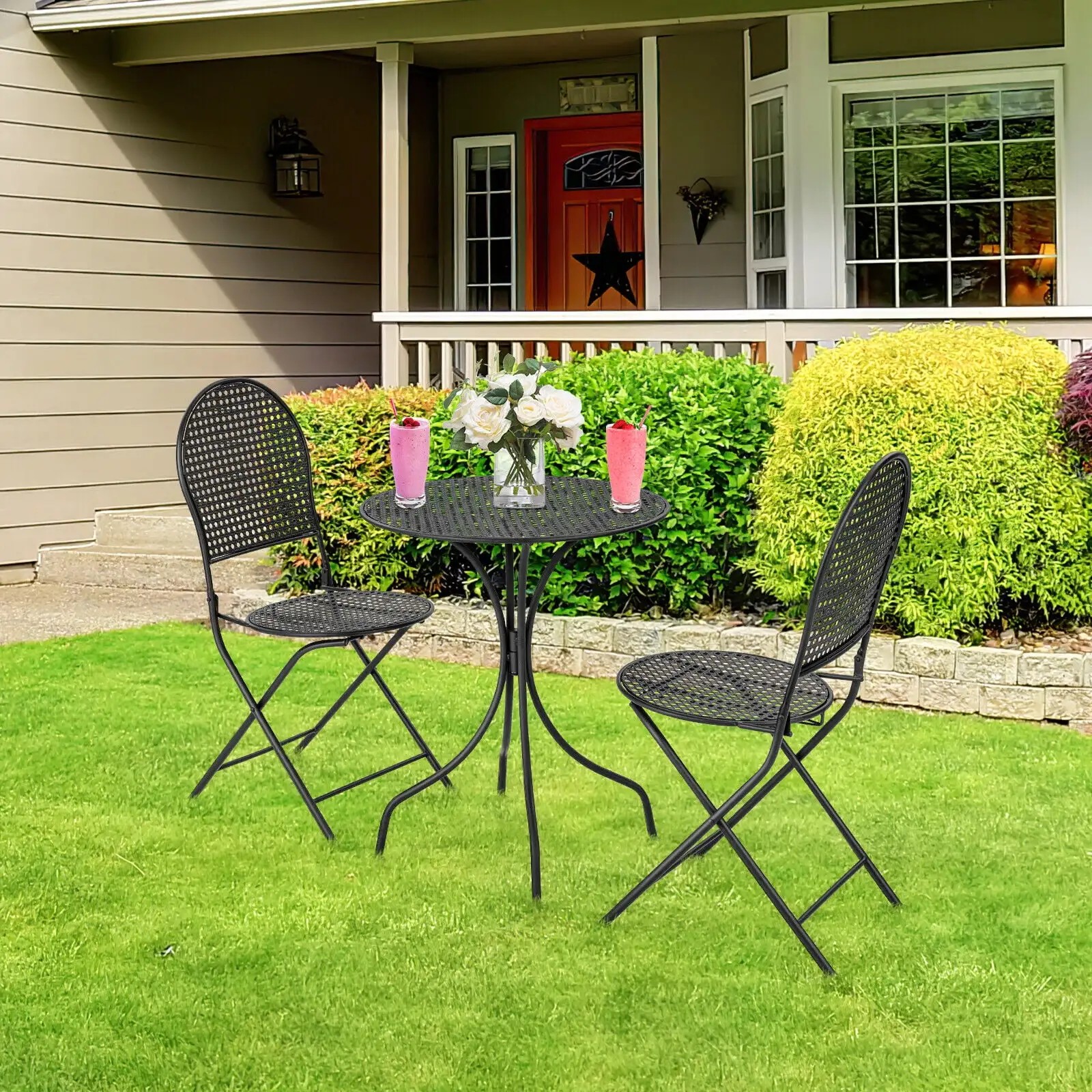 Vicamelia 3pcs Patio Bistro Set Metal Round Table & 2 Folding Chairs with backrest for Backyard Garden Poolside