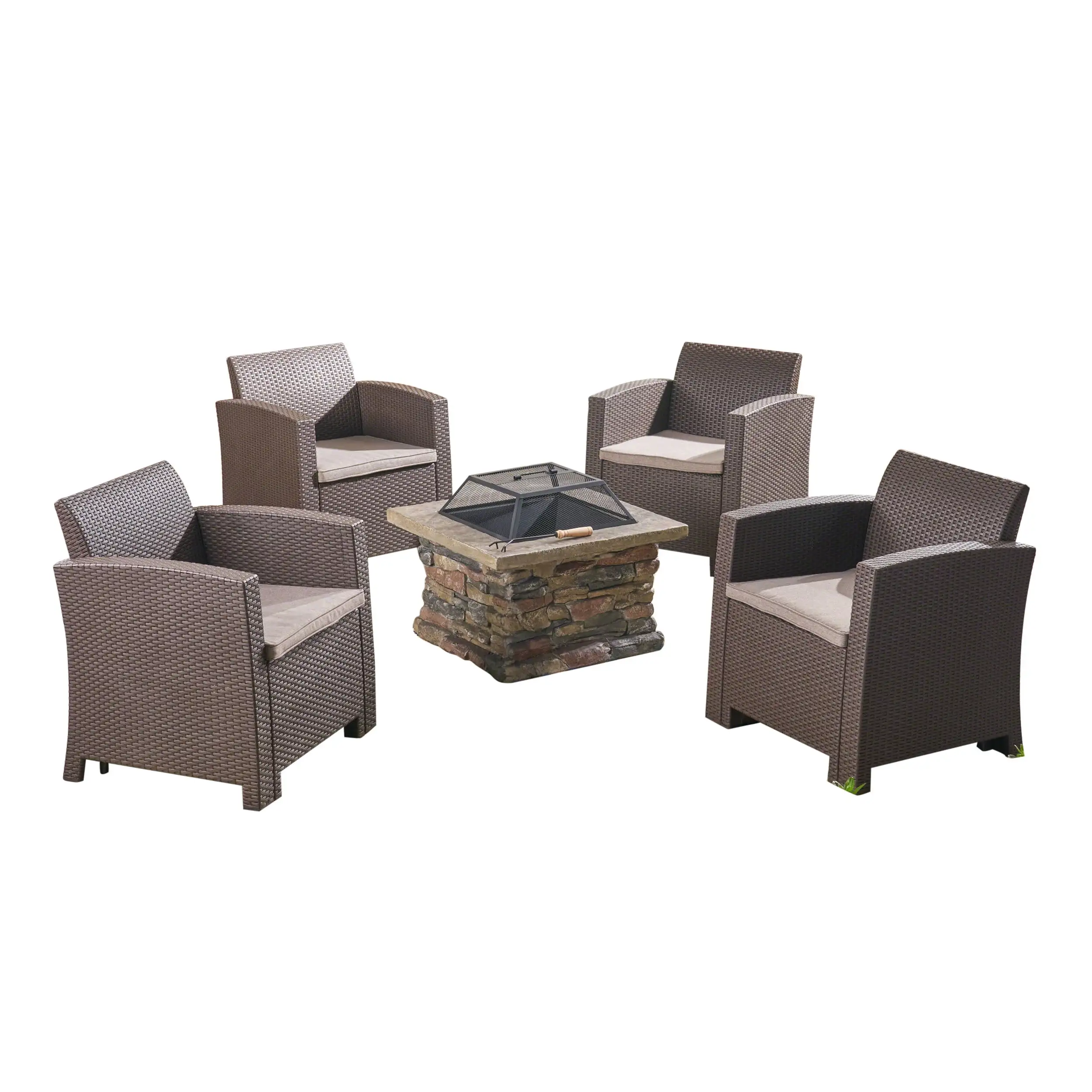 Victor Outdoor 4-Seater Printed Wicker Club Chair Set with Wood Burning Fire Pit. Brown and Mixed Beige