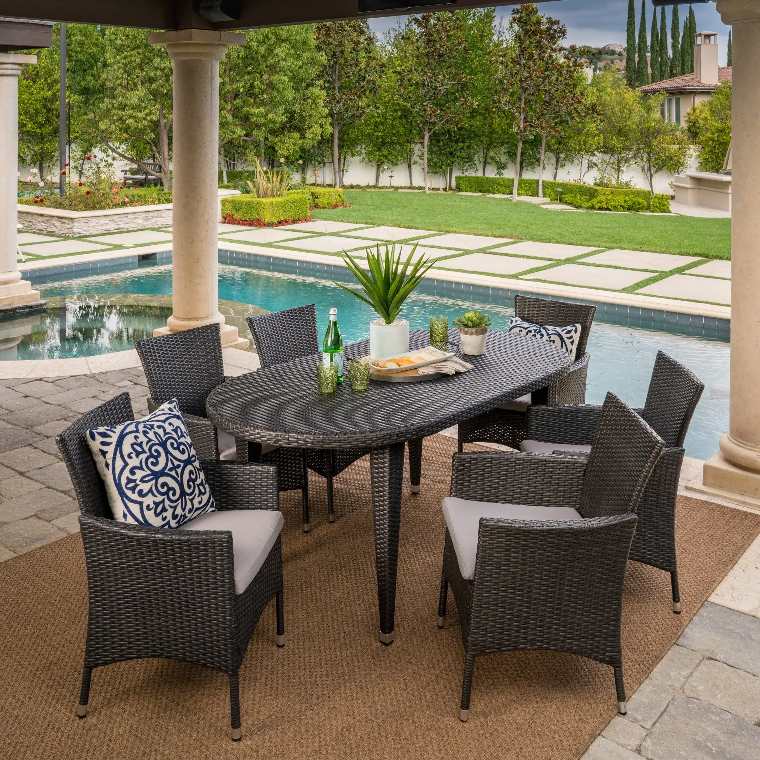 Victor Outdoor 7 Piece Wicker Oval Dining Set with Cushions. Grey. Silver