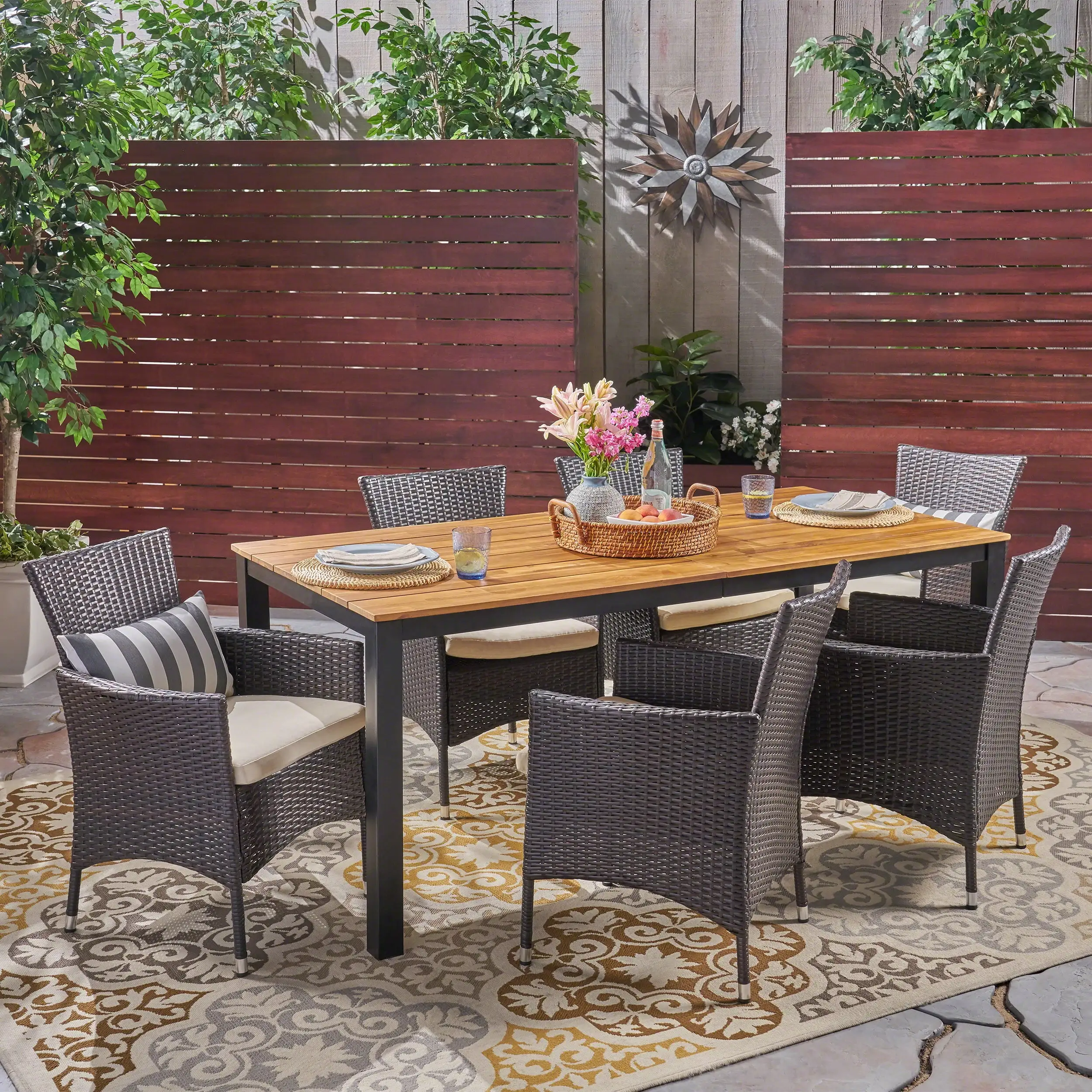 Vienna Outdoor 7 Piece Acacia Wood Dining Set with Wicker Chairs and Cushions. Multi Brown. Teak. Beige