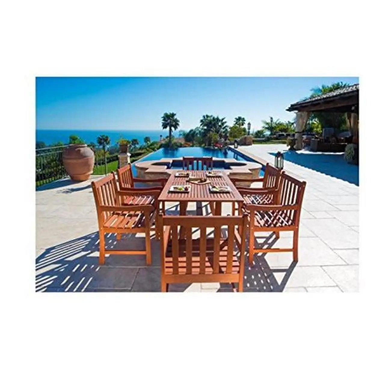 Vifah Malibu 7 Piece Wood Patio Dining Set in Brown