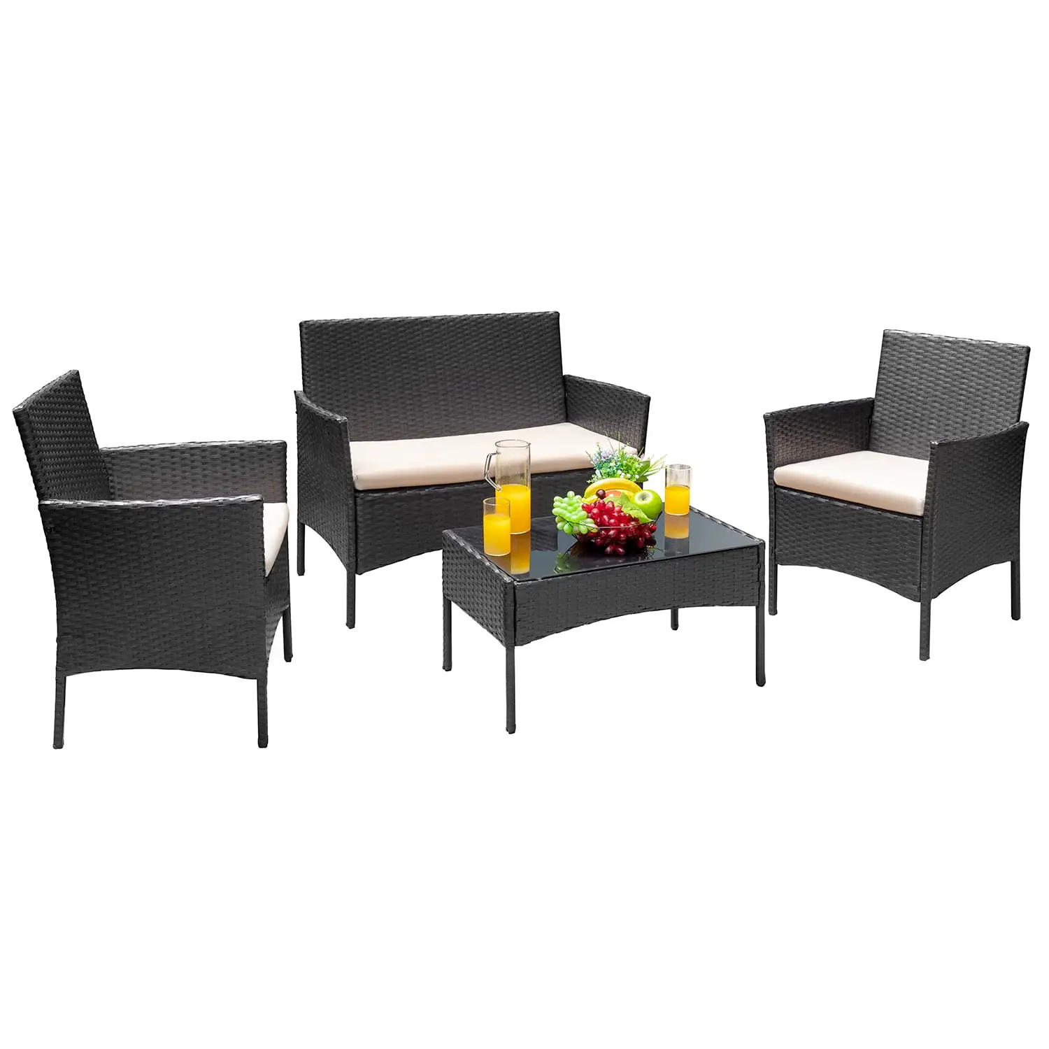 Vineego 4 Pcs Outdoor Patio Furniture Black PE Rattan Wicker Table and Chairs Set. Beige. 4 Seating