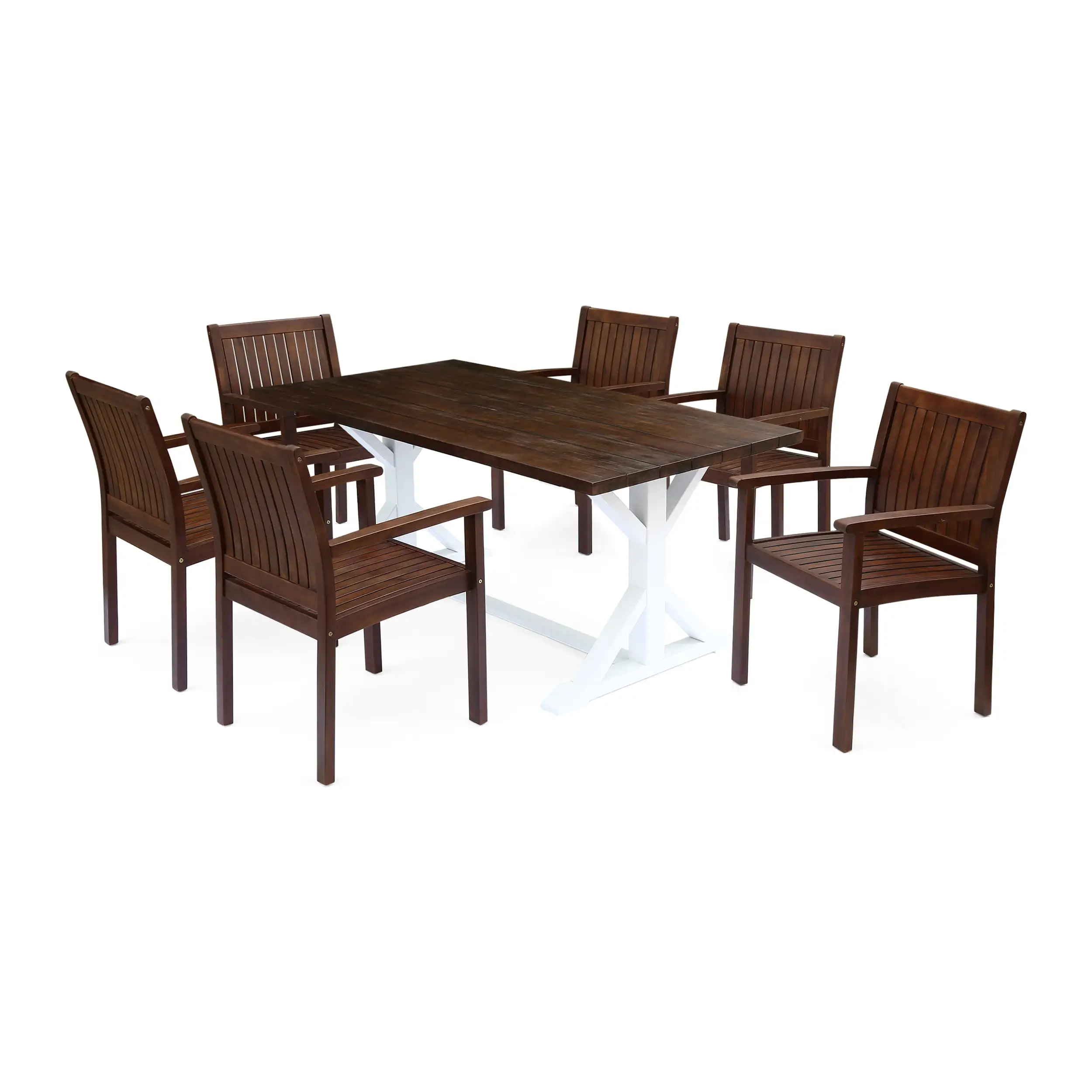 Viviana Outdoor 7 Piece Acacia Wood Rectangular Dining Set. Dark Brown. White