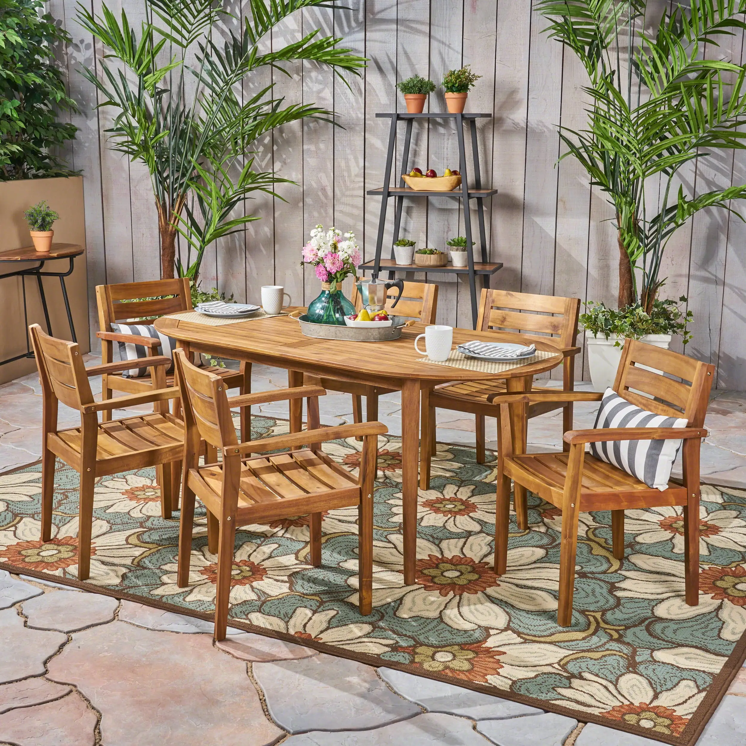 Vivienne Outdoor 7 Piece Acacia Wood Oval Dining Set. Teak