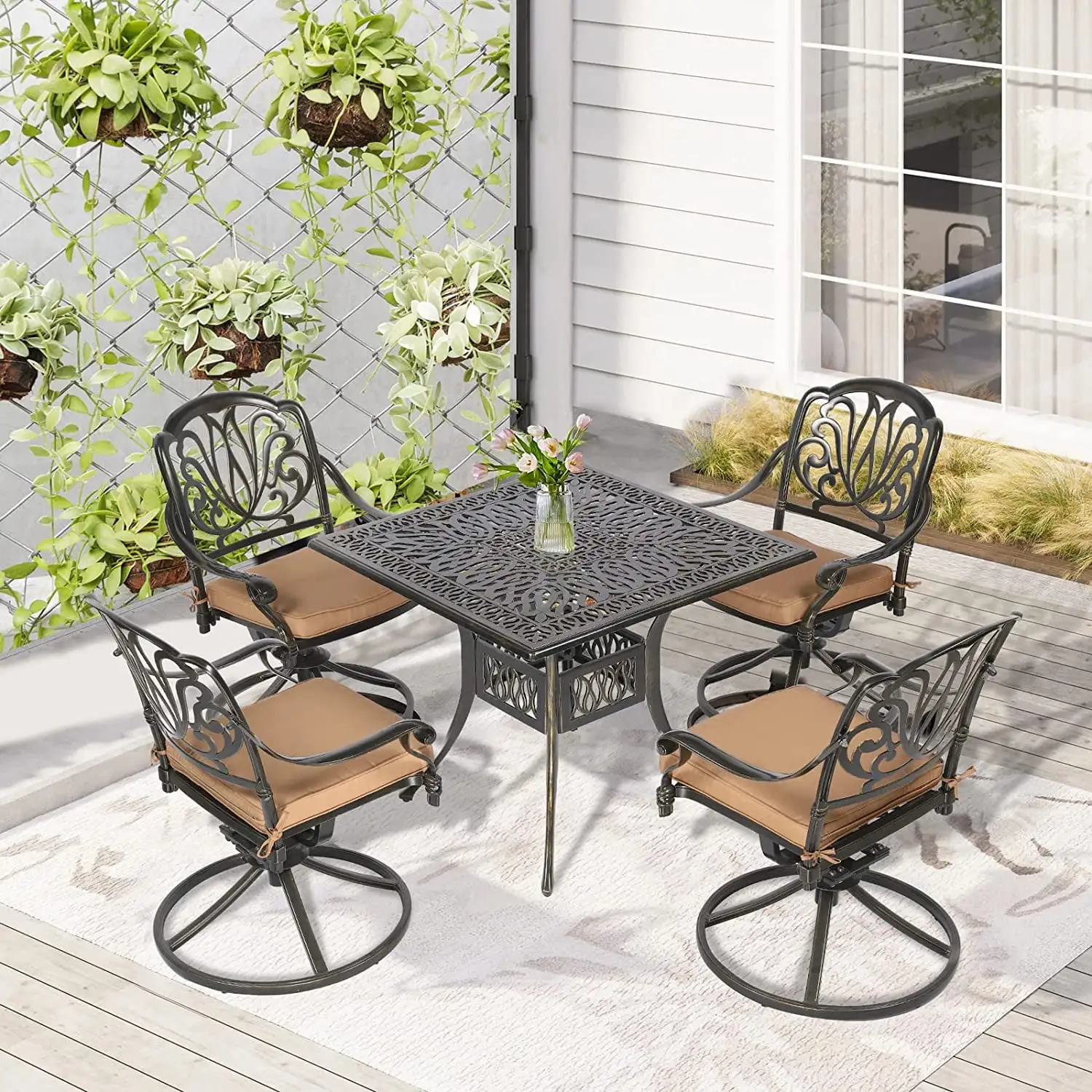 W WARMHOL 5 Piece Patio Dining Set. Outdoor Table and Chairs Set for 4 Cushioned Swivel Rocking Chairs and 35.2 Square Table. All-Weather Cast Aluminum Patio Funiture Set. 2.2 Umbrella Hole