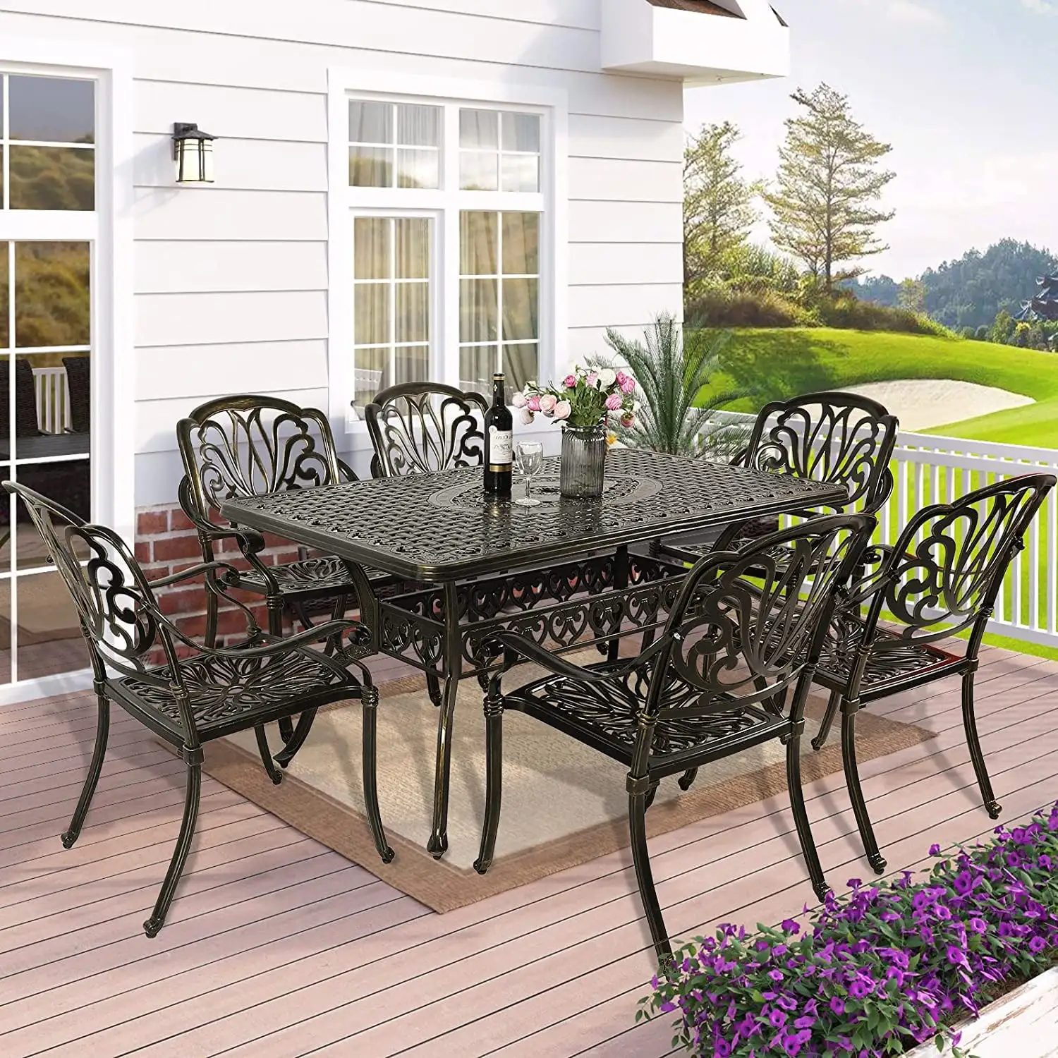 W WARMHOL 7-Piece Outdoor Patio Dining Set. 60 Rectangular Cast Aluminum Dining Table with Umbrella Hole and 6 Outdoor Dining Chairs. Patio Funiture Set for Backyard. Patio. Garden