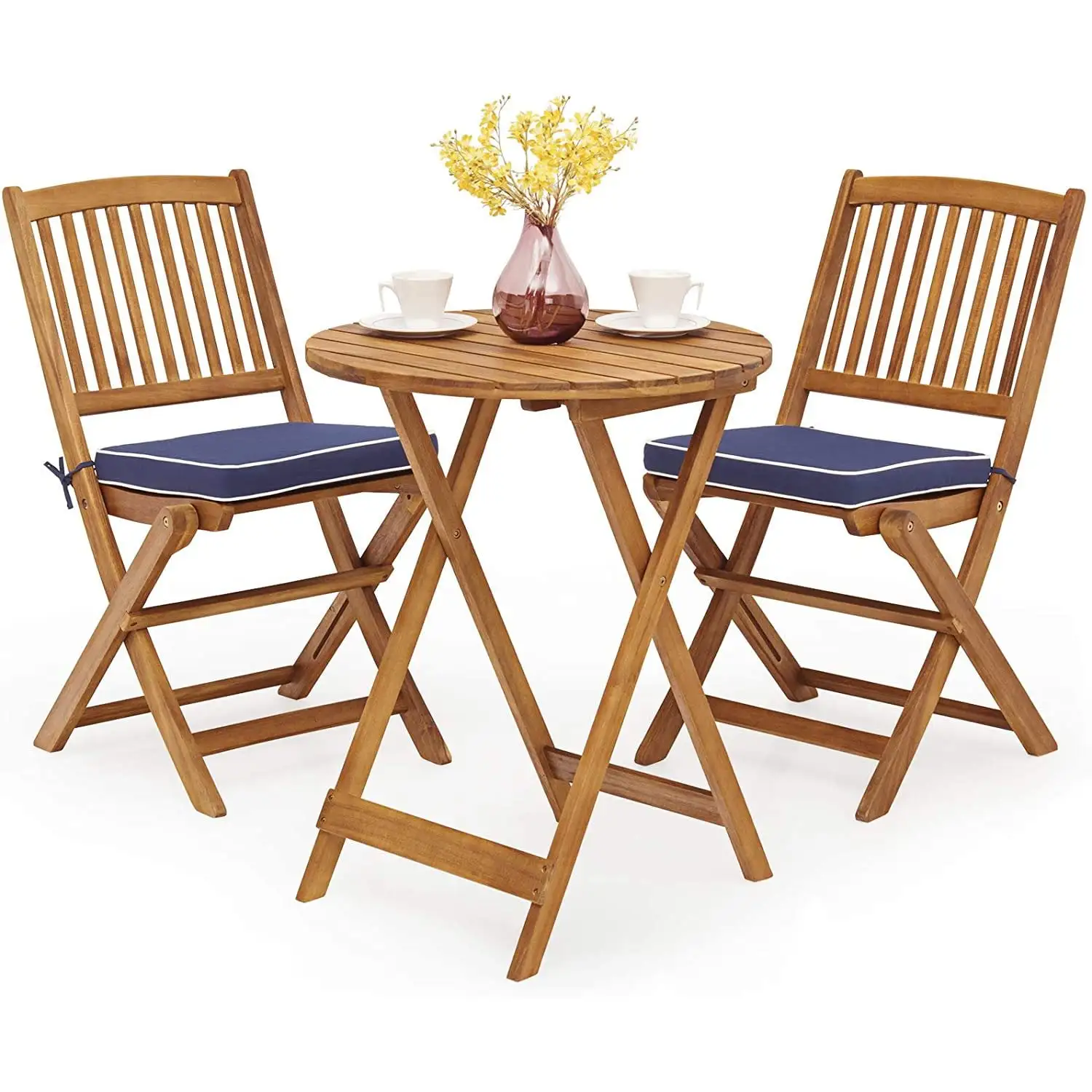 WANLINDZ 3 PCS Patio Folding Bistro Set. Outdoor Acacia Wood Chair and Table Set w/Padded Cushion& Round Coffee Table. Ideal for Indoor Patio Poolside Garden (Navy Blue)