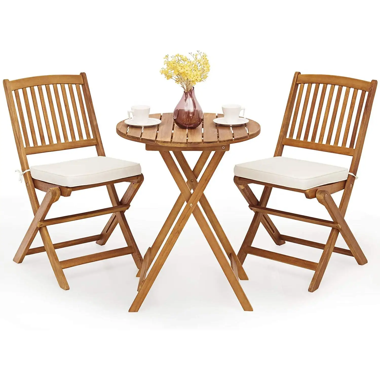 WENZHOU 3Pcs Patio Bistro Set. Wood Folding Table Set. 2 Cushioned Chairs for Garden Yard. Outdoor Furniture Round Table (Natural & Beige)