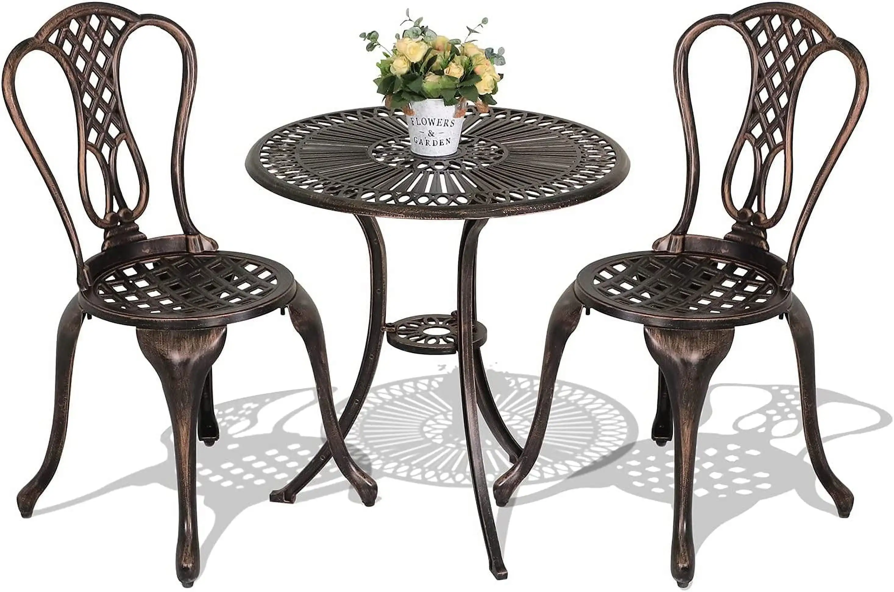 WTYNKAE 3 Piece Patio Cast Aluminum Outdoor Conversation Set Anti-Rust Easy-Clean Garden Table and Chairs with Umbrella Hole for Backyard Poolside Balcony Lattice Design Antique Bro