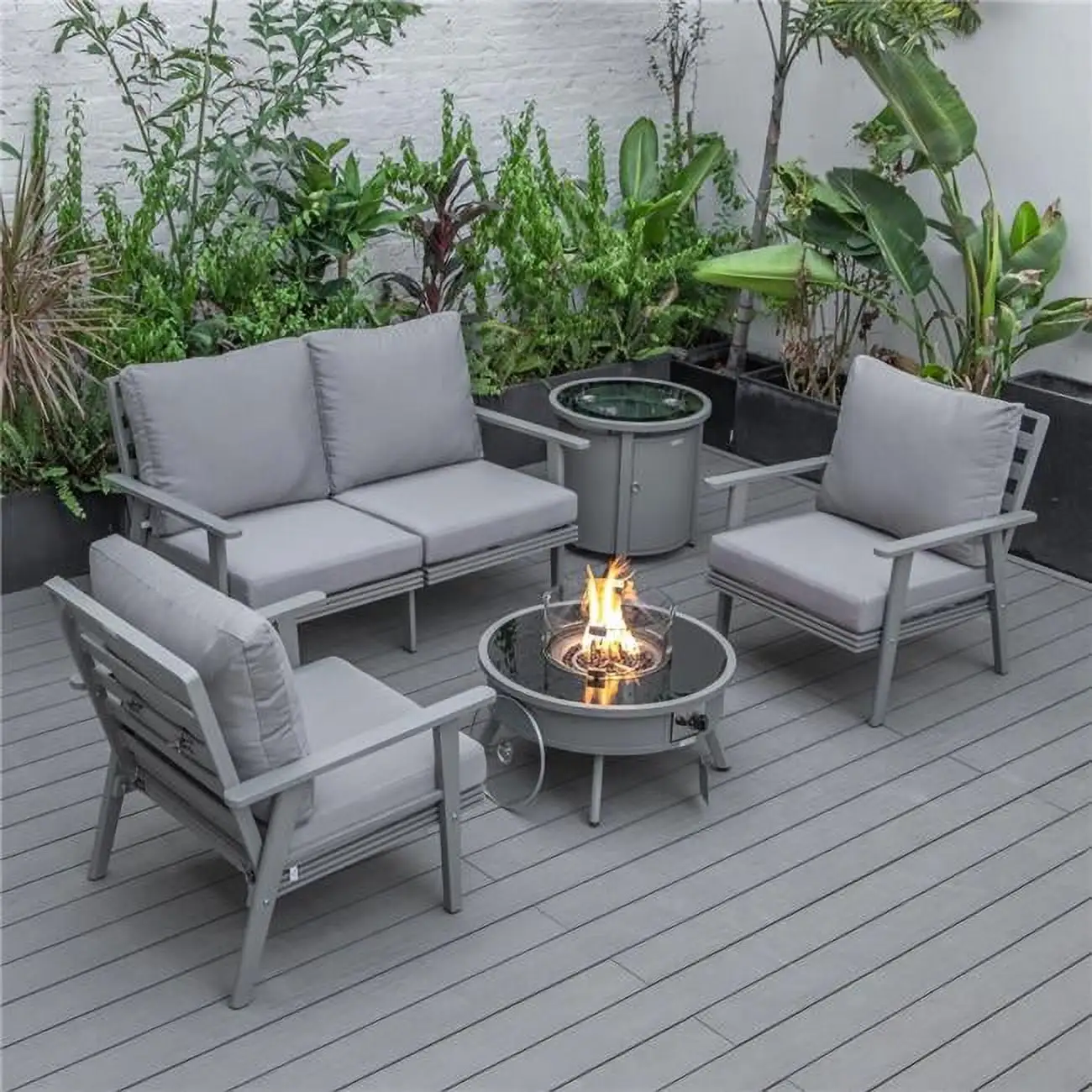 Walbrooke Modern Gray Patio Conversation with Round Fire Pit & Tank Holder. Gray