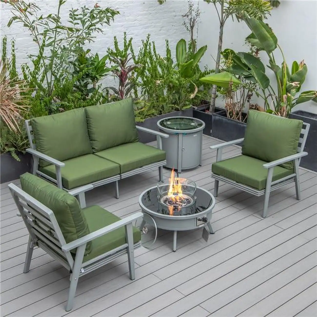 Walbrooke Modern Gray Patio Conversation with Round Fire Pit & Tank Holder. Green