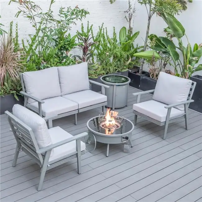 Walbrooke Modern Gray Patio Conversation with Round Fire Pit & Tank Holder. Light Gray