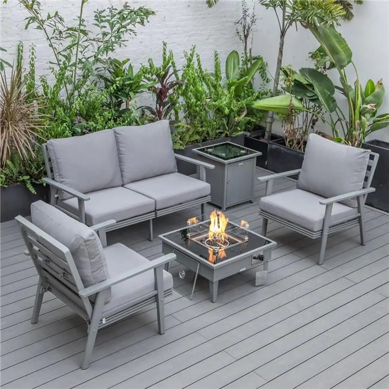 Walbrooke Modern Gray Patio Conversation with Square Fire Pit & Tank Holder. Gray