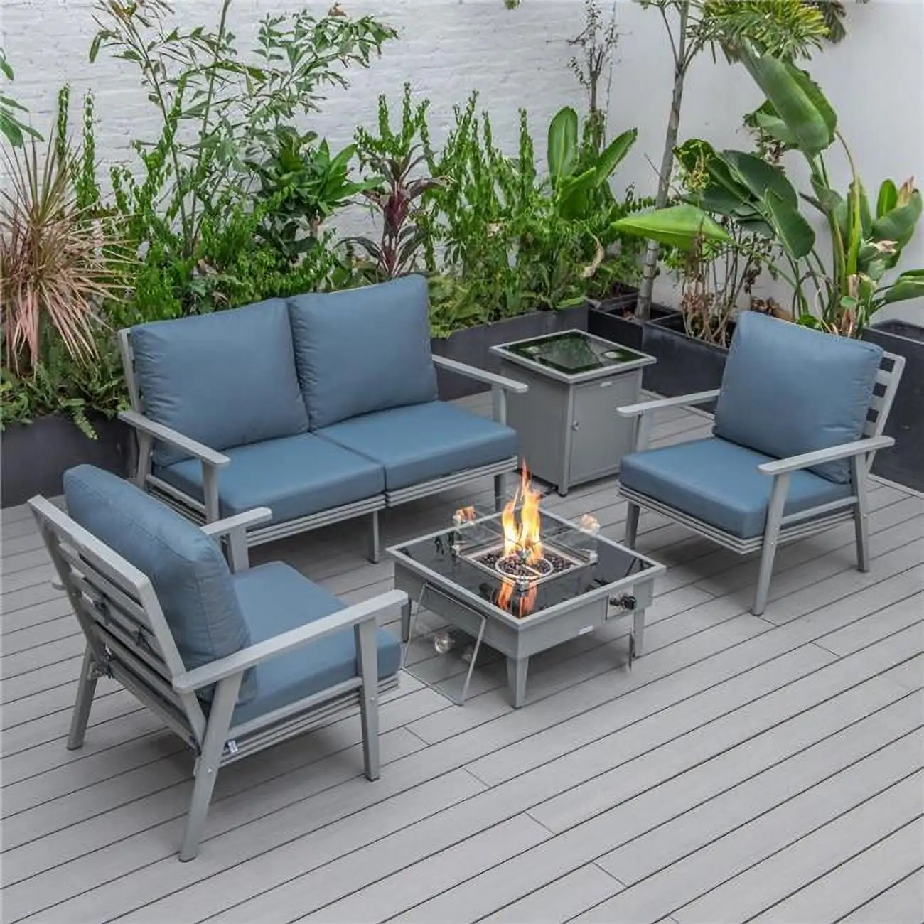 Walbrooke Modern Gray Patio Conversation with Square Fire Pit & Tank Holder. Navy Blue