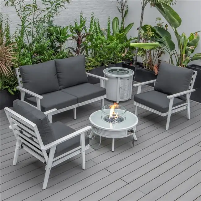 Walbrooke Modern White Patio Conversation with Round Fire Pit Slats Design & Tank Holder. Charcoal