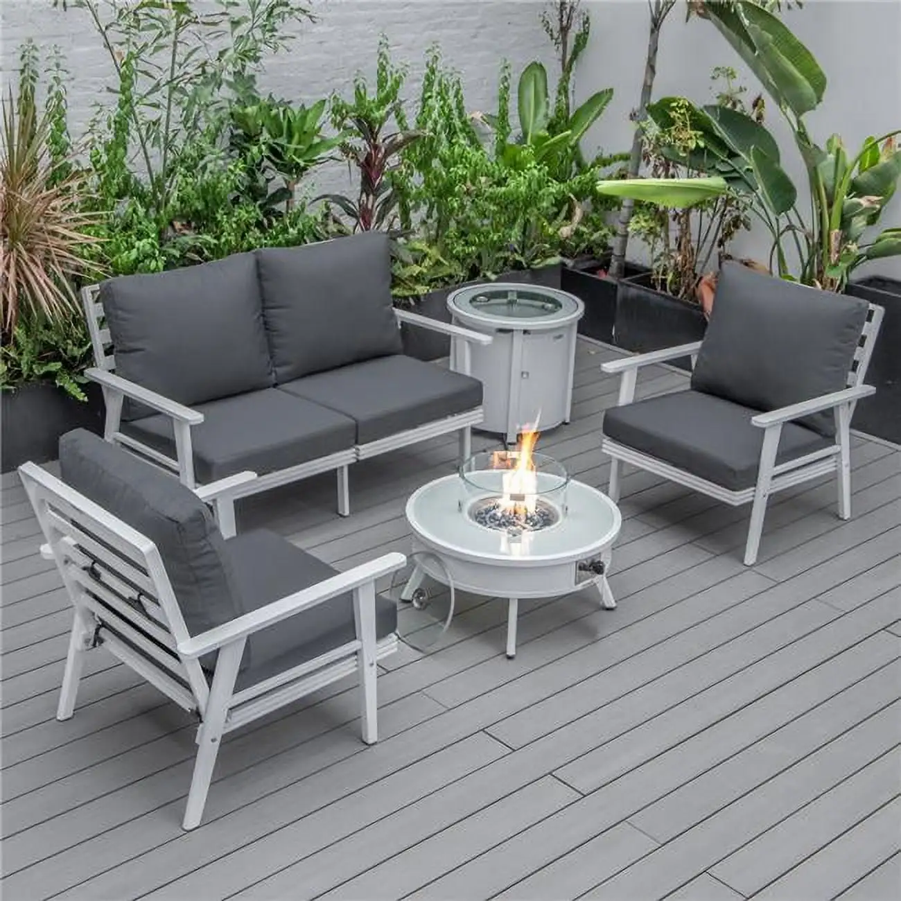 Walbrooke Modern White Patio Conversation with Round Fire Pit & Tank Holder. Charcoal