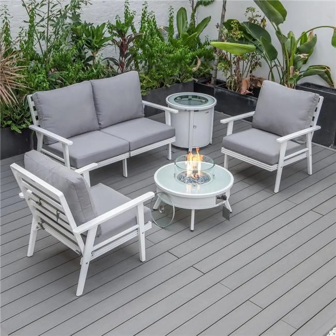 Walbrooke Modern White Patio Conversation with Round Fire Pit & Tank Holder. Gray