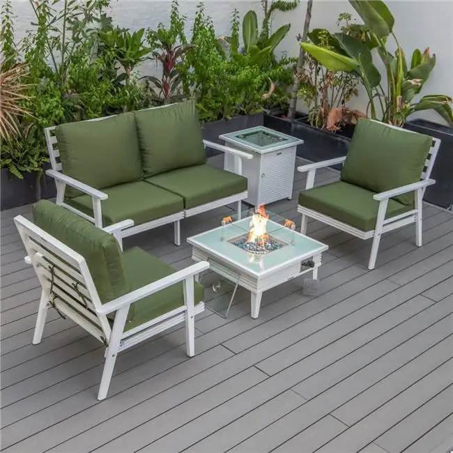 Walbrooke Modern White Patio Conversation with Square Fire Pit Slats Design & Tank Holder. Green