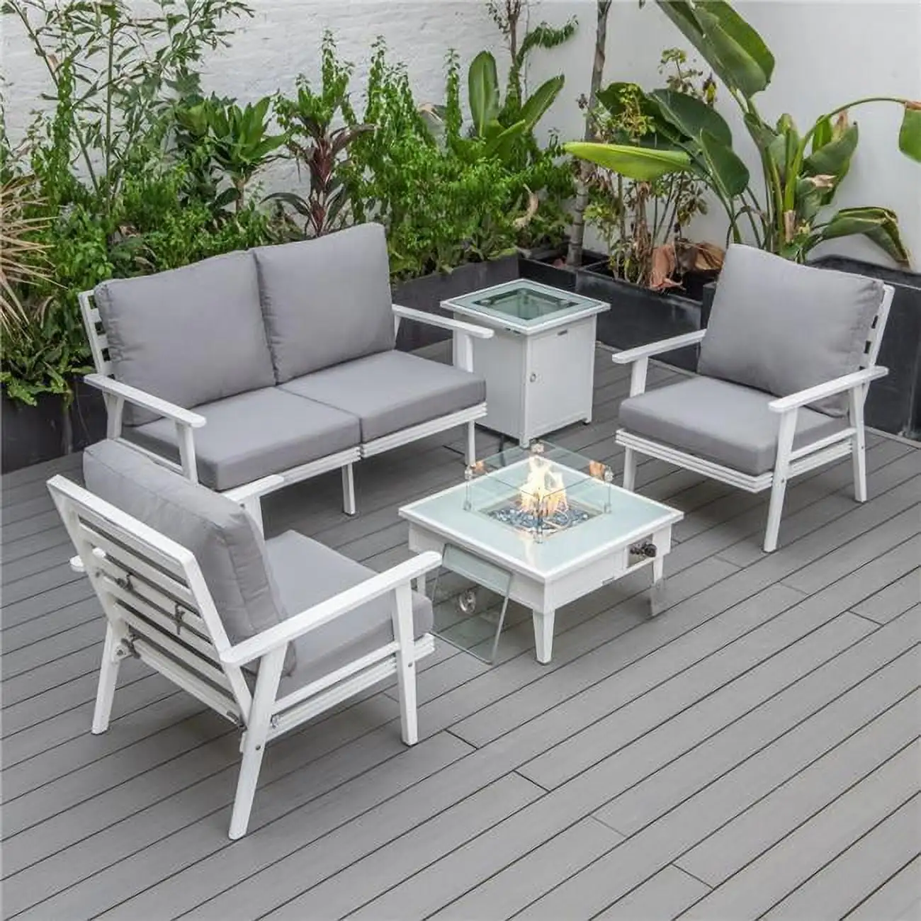 Walbrooke Modern White Patio Conversation with Square Fire Pit & Tank Holder. Gray