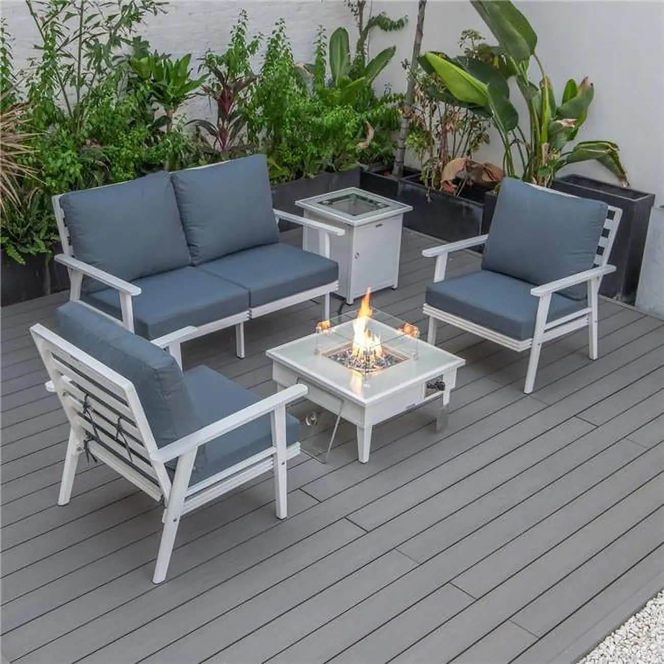 Walbrooke Modern White Patio Conversation with Square Fire Pit & Tank Holder. Navy Blue