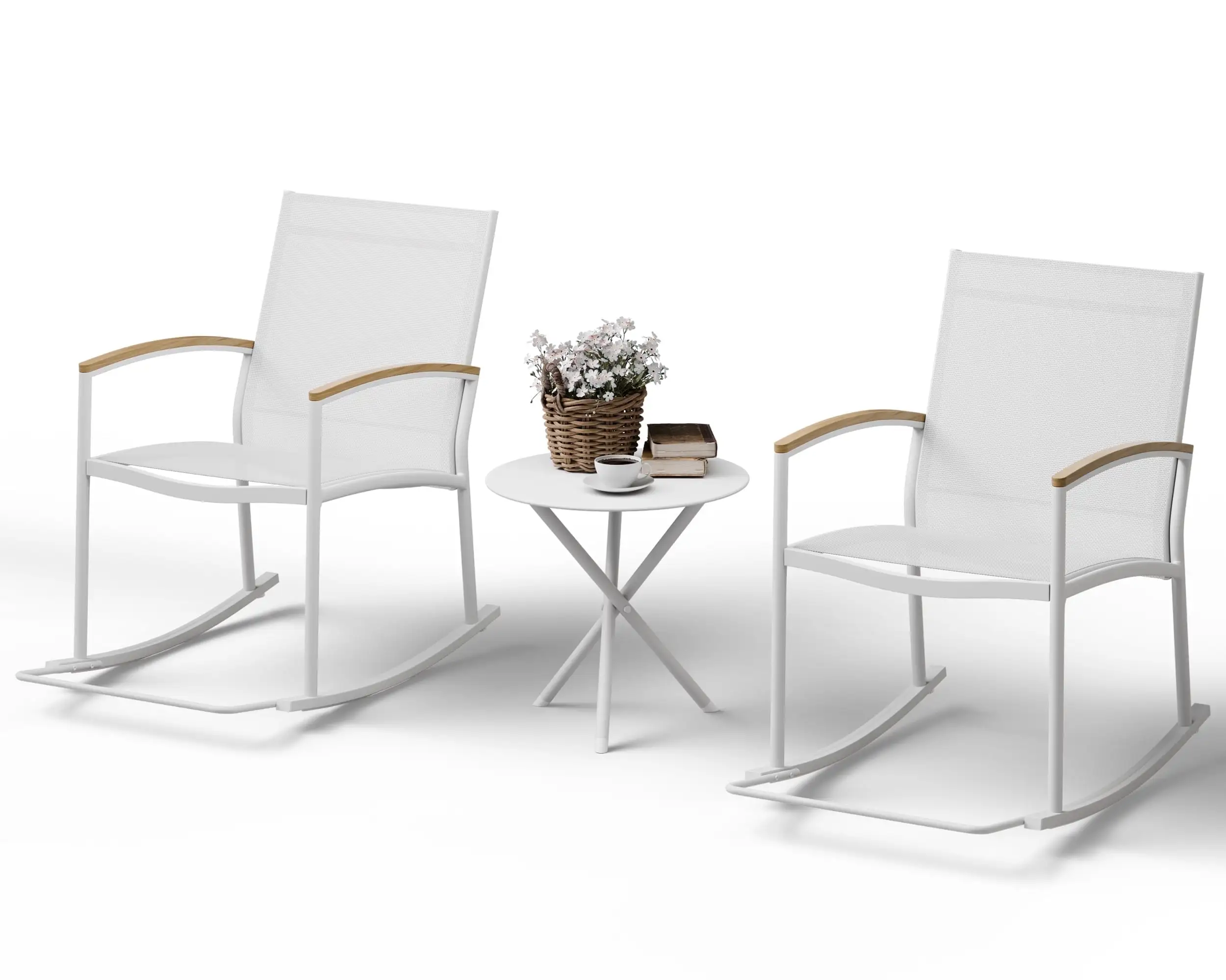 Walsunny 3 Pieces Outdoor Patio Conversation Set Modern Rocking Rattan Bistro Chair White