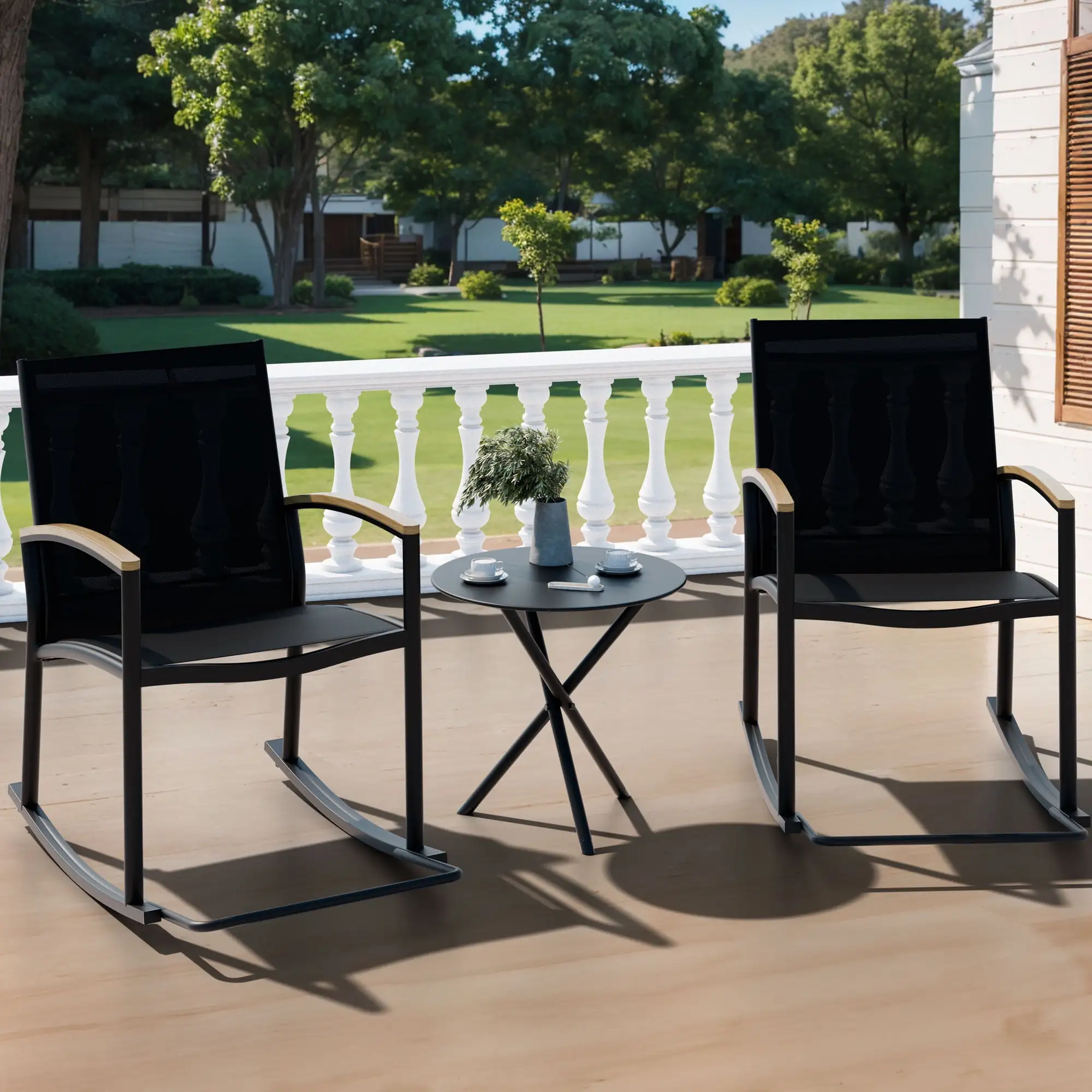 Walsunny 3 Pieces Patio Set Outdoor Patio Furniture Sets Modern Rocking Bistro Set Textilene Chair Conversation Sets Black