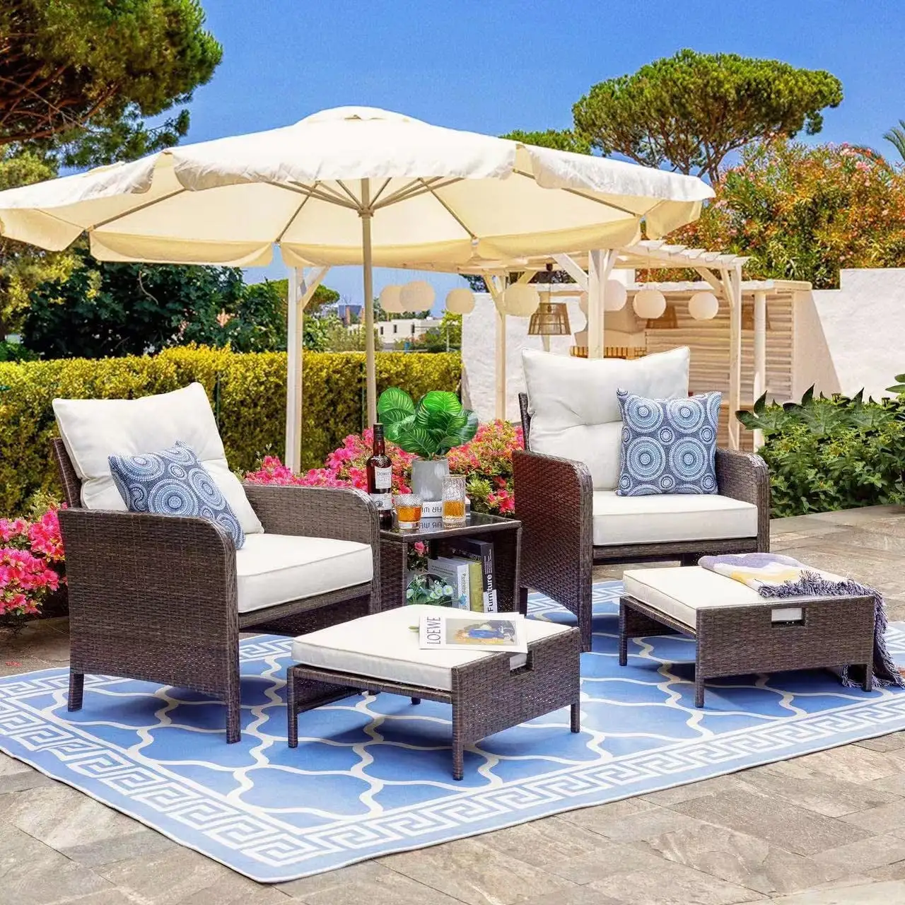 Walsunny 5 Pieces Outdoor Wicker Patio Furniture Set.All Weather PE Rattan Conversation Set with Cushioned Patio Lounge Chairs