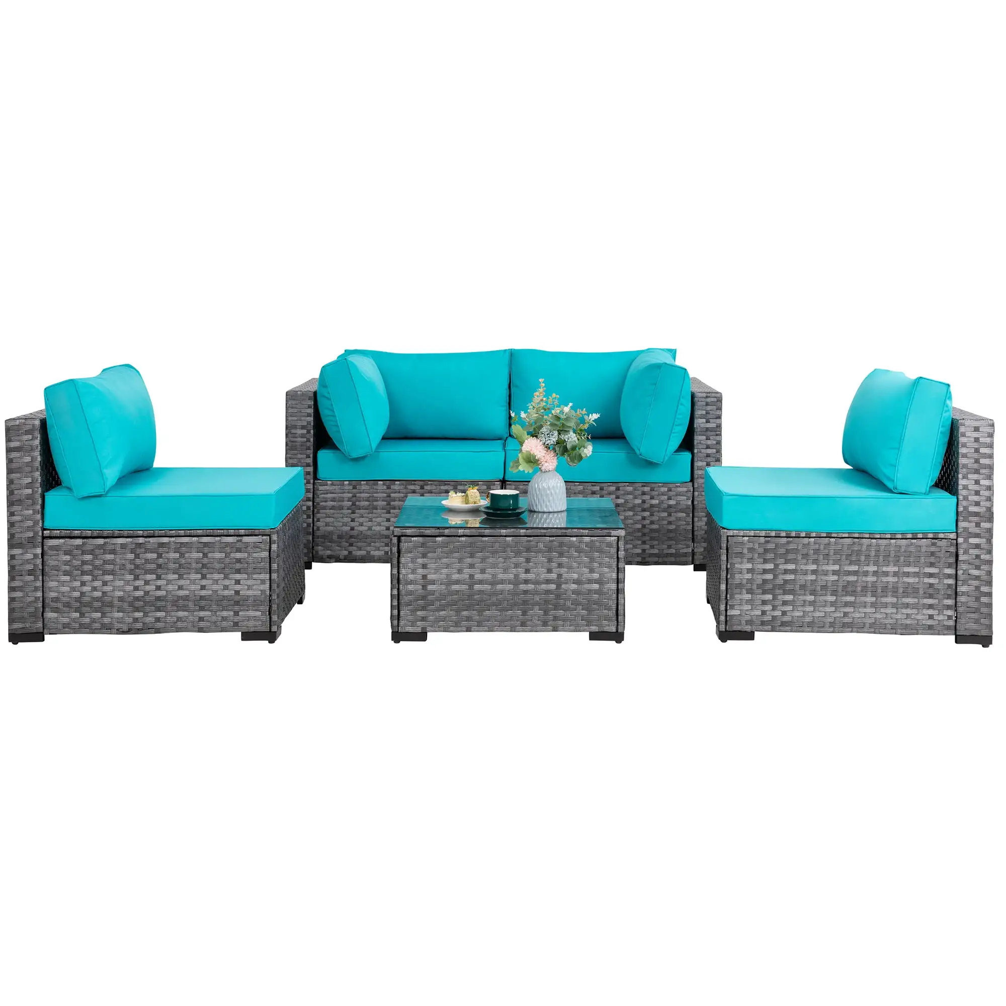 Walsunny 5 Pieces Patio Furniture Sets. Wicker Rattan Outdoor Sectional Sofa with Glass Table and Cushions Blue