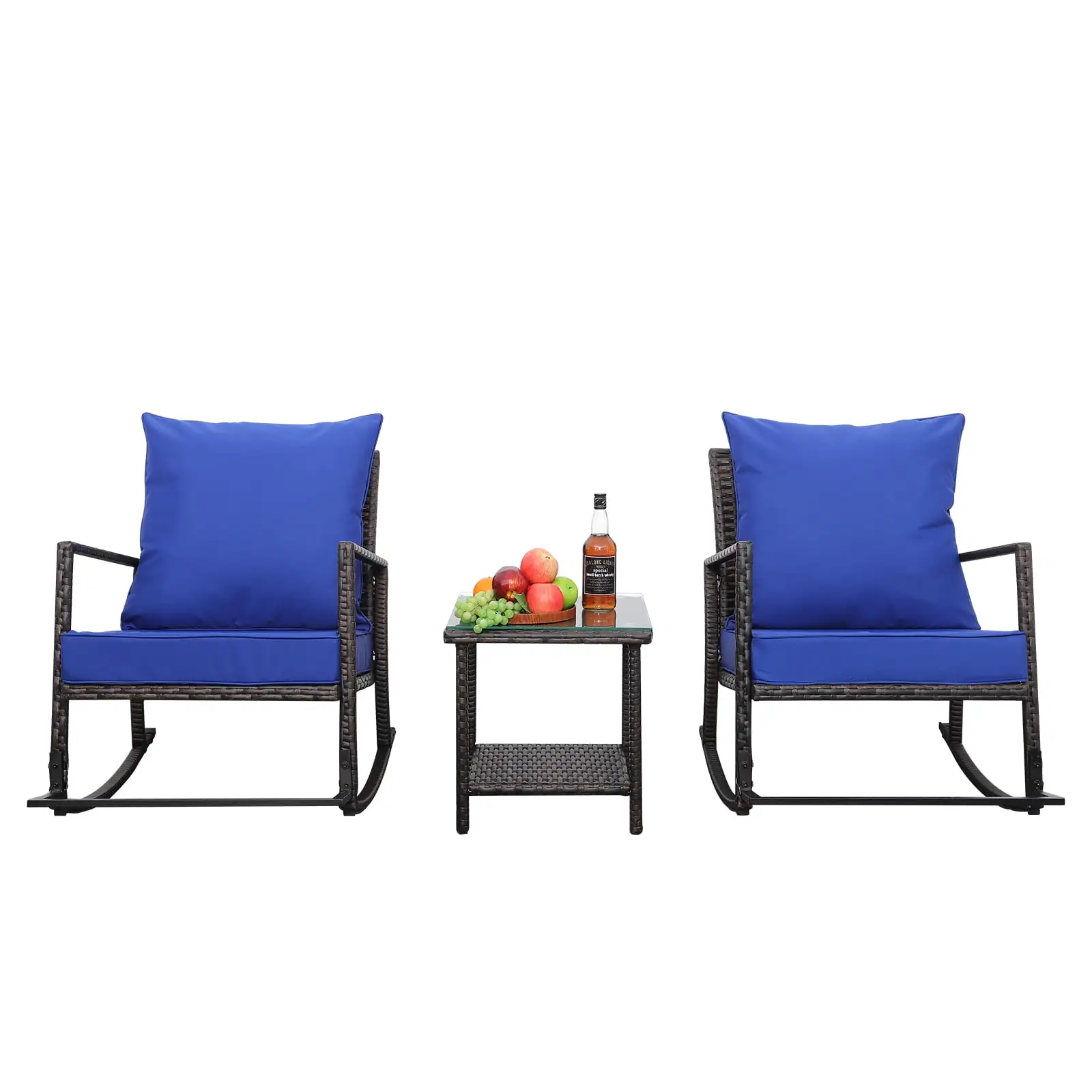 Waroom 3pcs Bistro Rocking Chair Set Outdoor Conversation Chairs with Table PE Wicker. Royal Blue