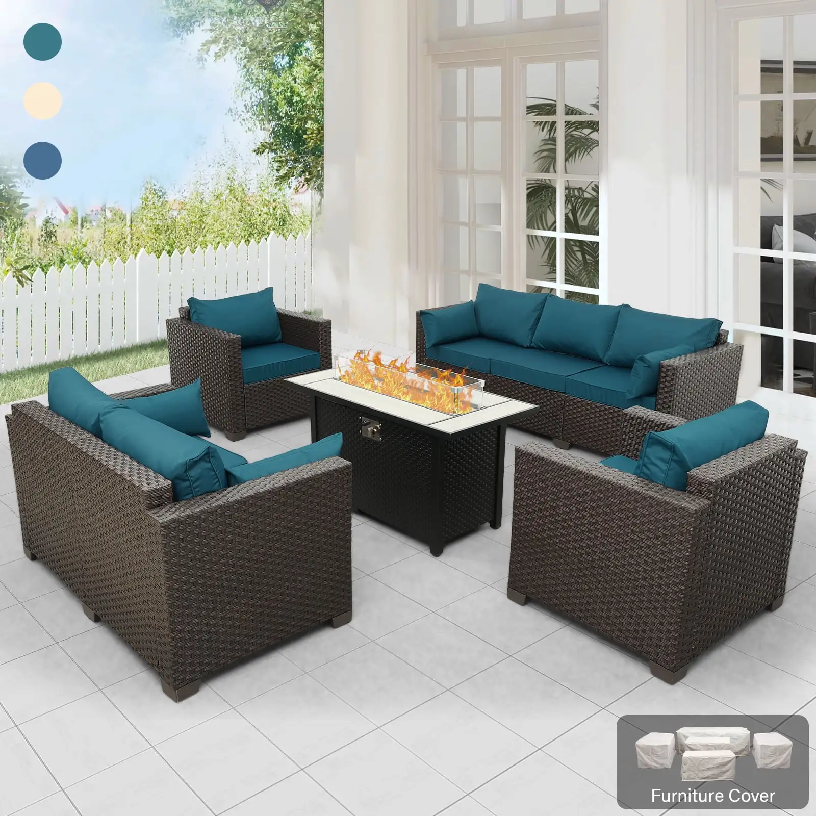 Waroom 5pcs Outdoor Conversation Set Patio Furniture Couch Chairs Set with Fire Pit 60000BTU. Peacock Blue