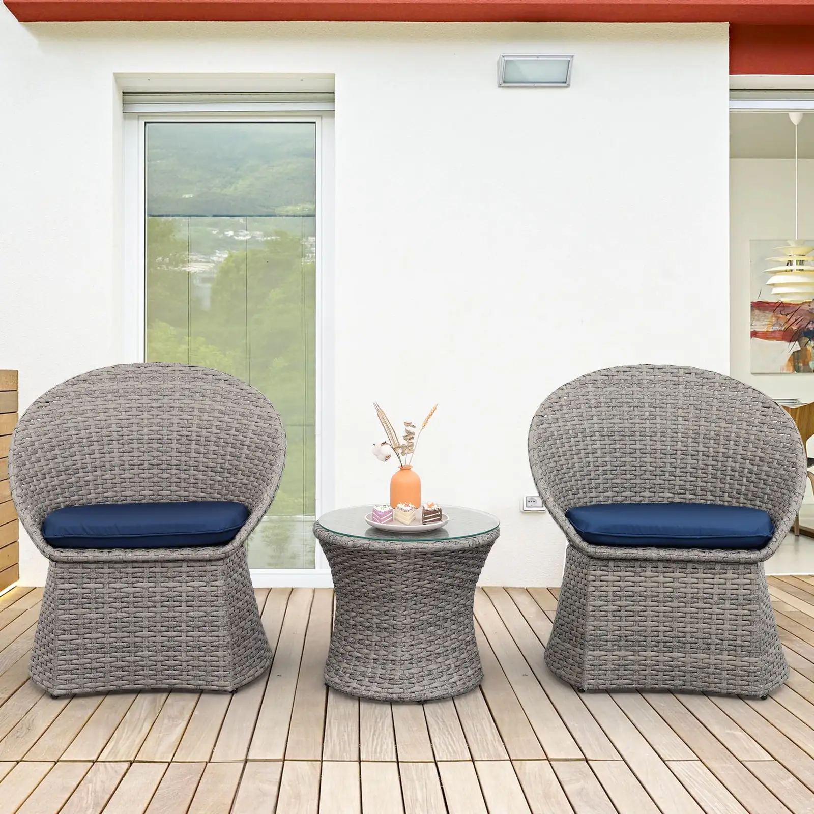 Waroom Patio Wicker Furniture Set of 2 Round Chairs with 17in Cocktail Table. Grey Wicker and Navy Blue Cushions